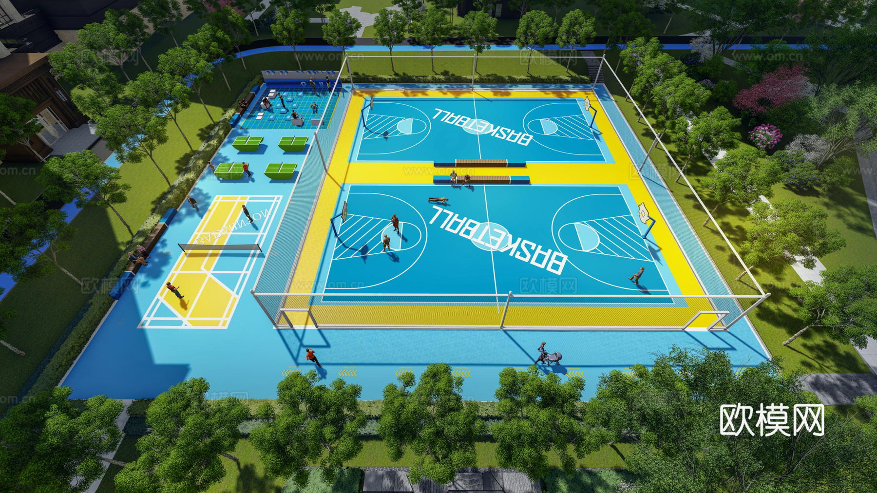 现代户外篮球场 标准羽毛球场su模型