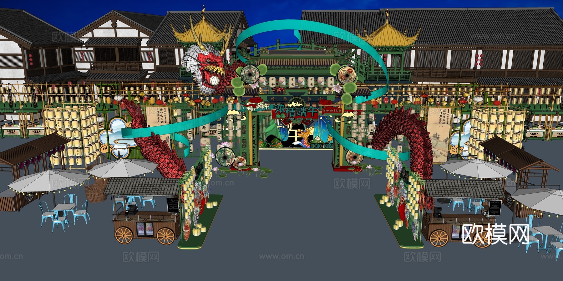 网红打卡国潮古风端午节日灯笼集市美陈su模型下载（渲染图2）