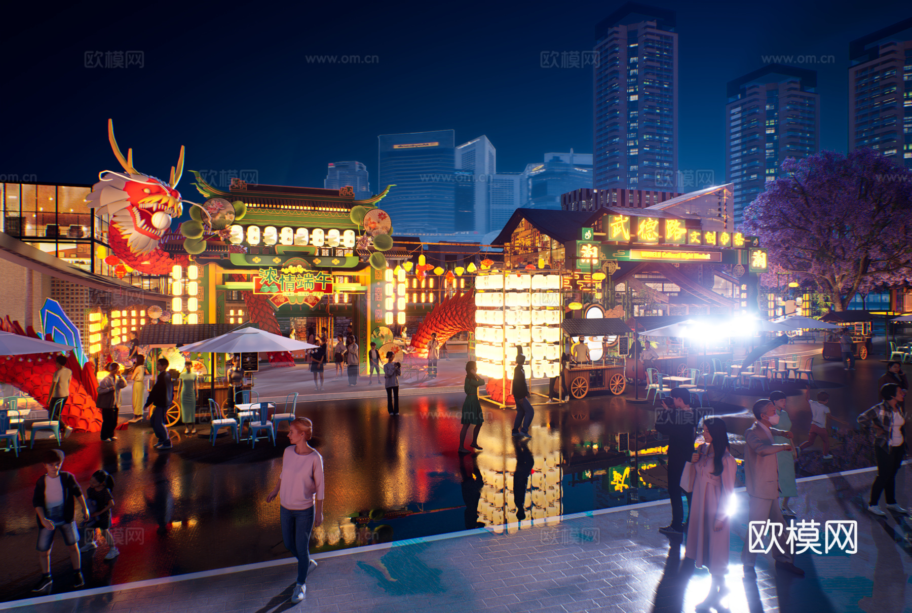 网红打卡国潮古风端午节日灯笼集市美陈su模型