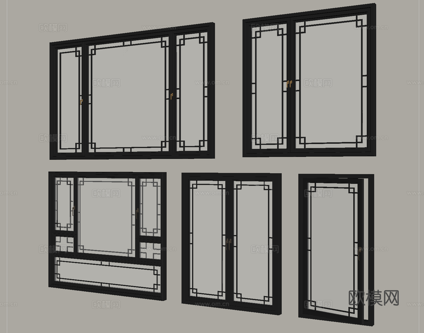 中式窗户 平开窗 落地窗 阳台窗su模型