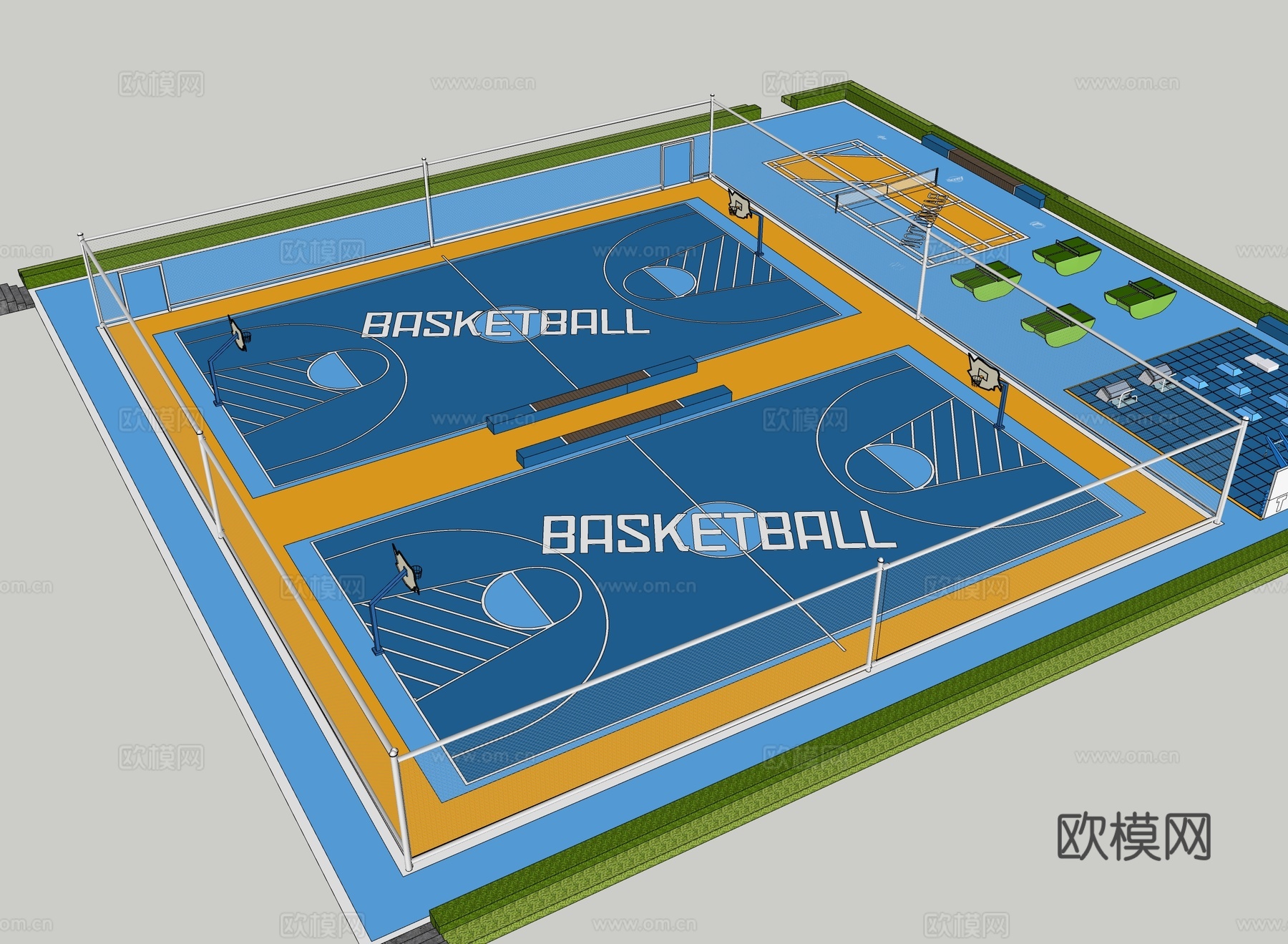 现代户外篮球场 标准羽毛球场su模型