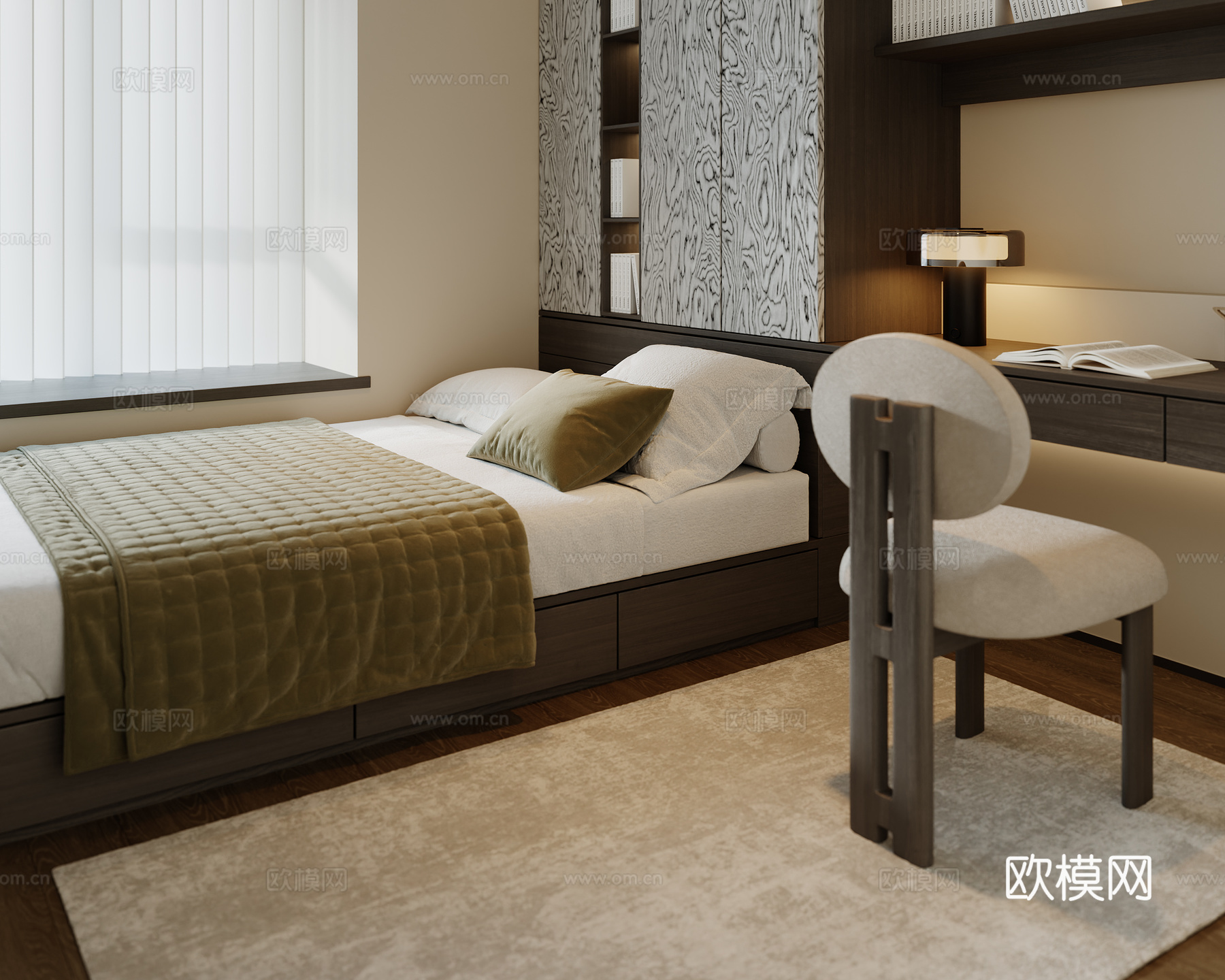 中古榻榻米卧室 休闲椅 单人床 台灯 书柜3d模型下载（渲染图2）