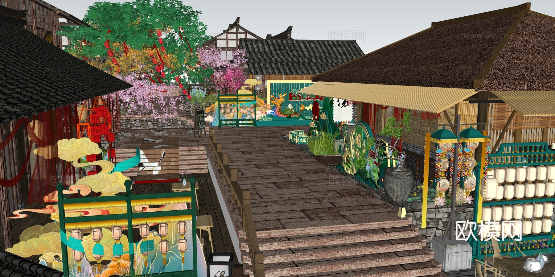 网红打卡国潮古风端午节日灯笼集市美陈su模型