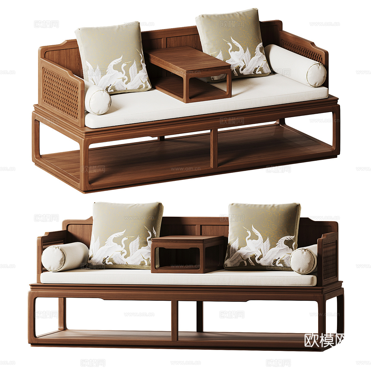 中式木质双人沙发3d模型下载（渲染图1）