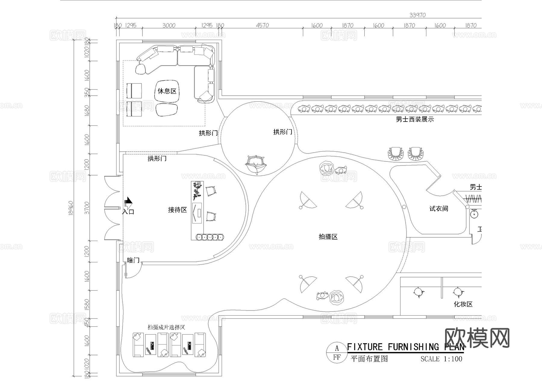 婚纱西装店平面布置图cad施工图