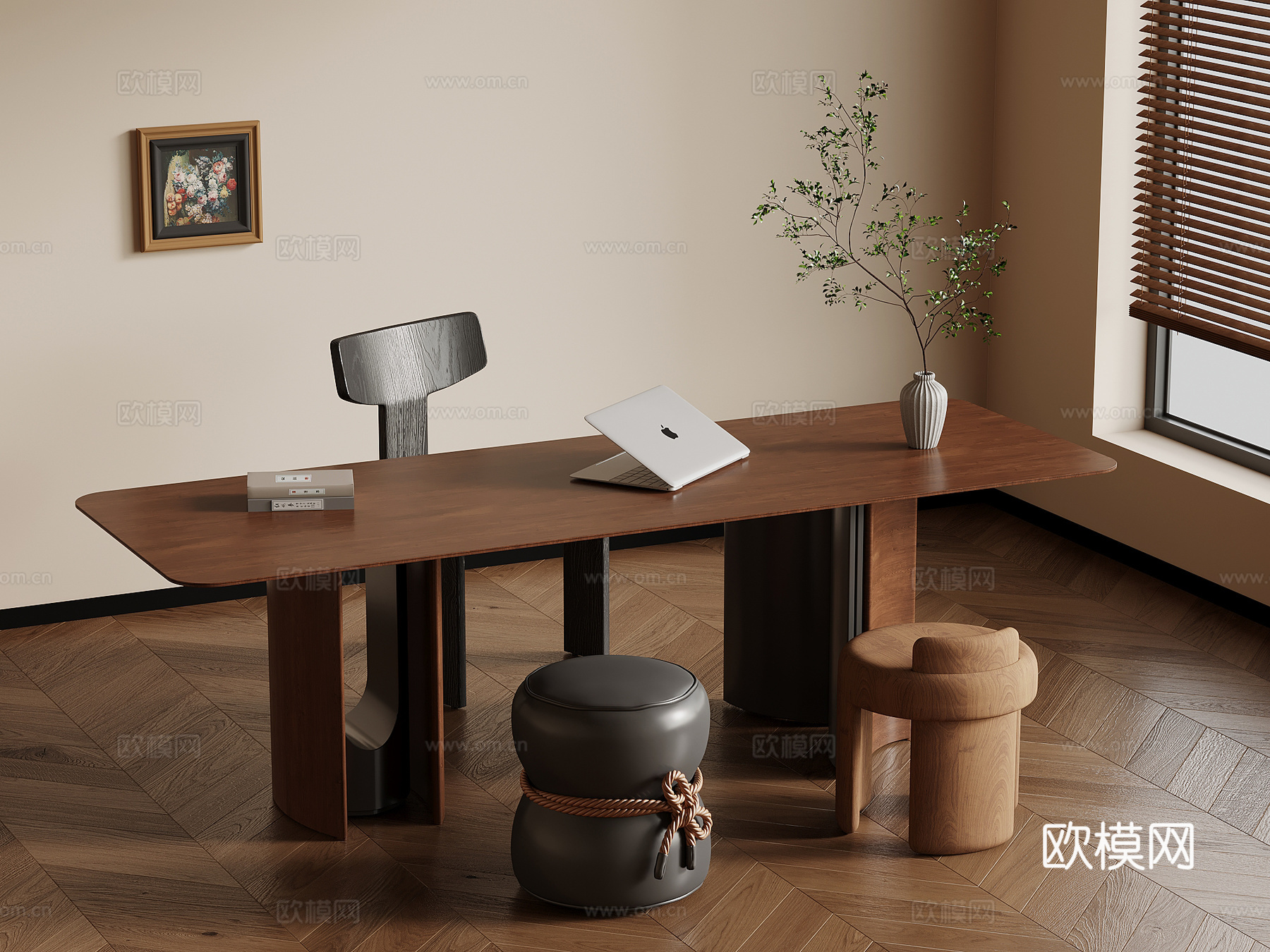 中古风书桌椅 办公桌椅免费3d模型下载