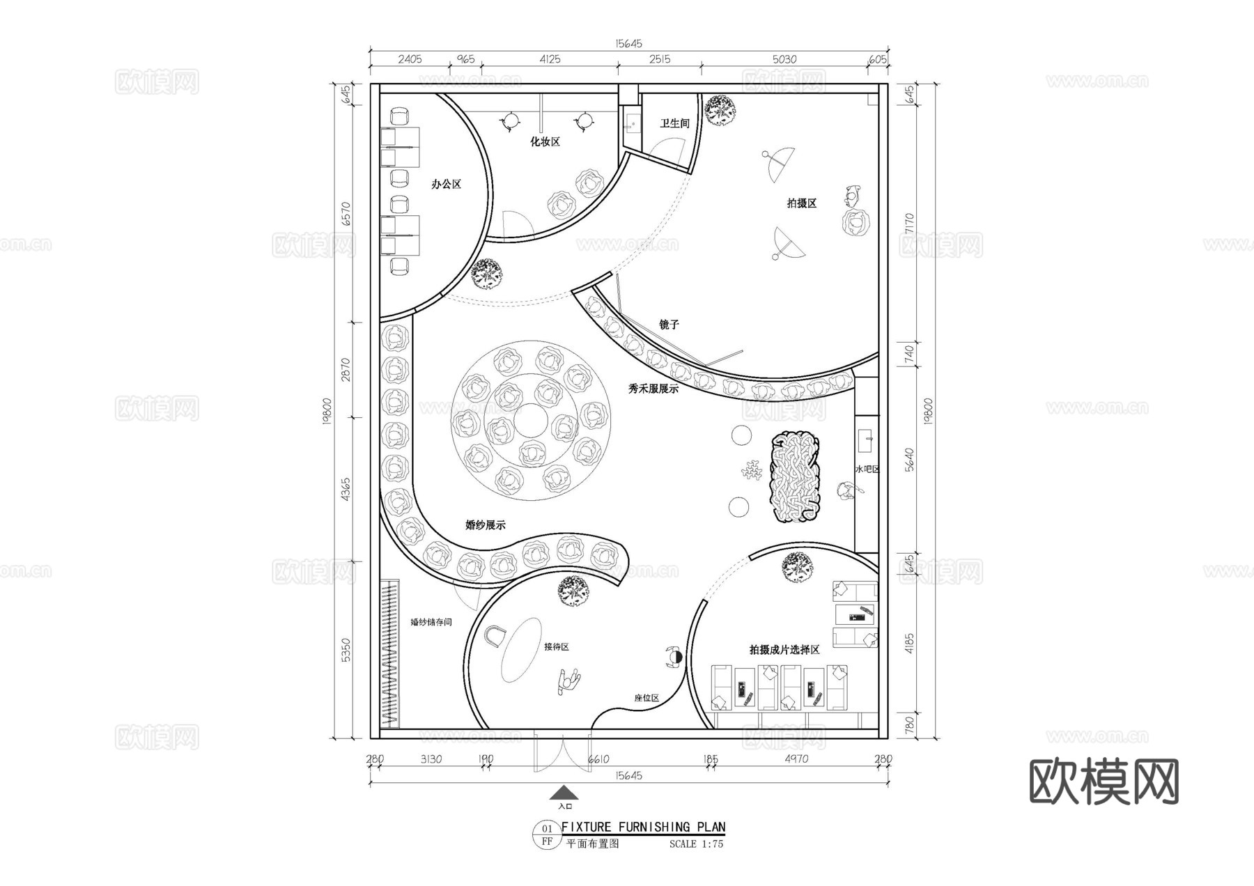 300㎡婚纱店平面布置图cad施工图