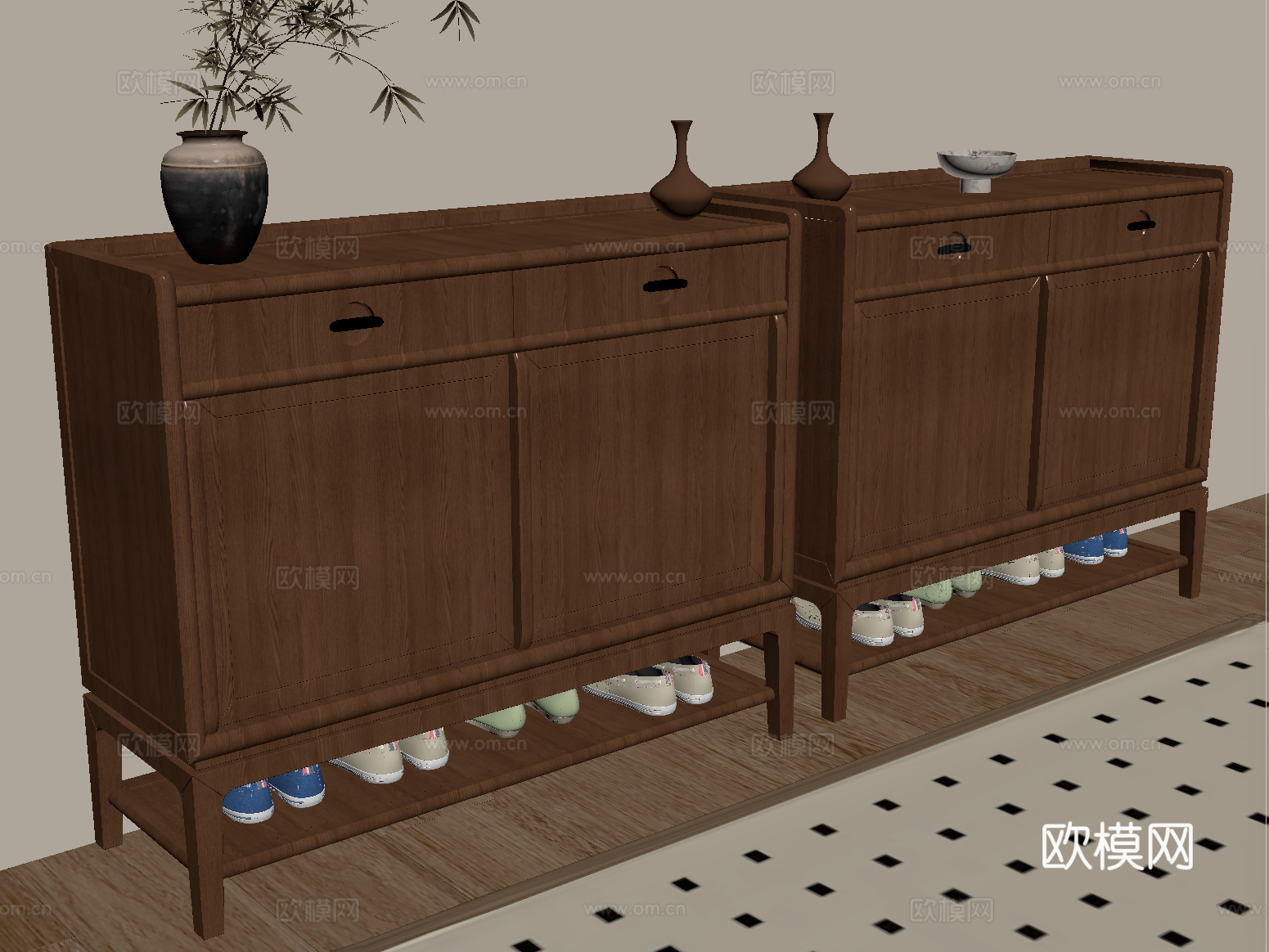 侘寂风鞋柜 边柜 玄关柜 矮柜su模型