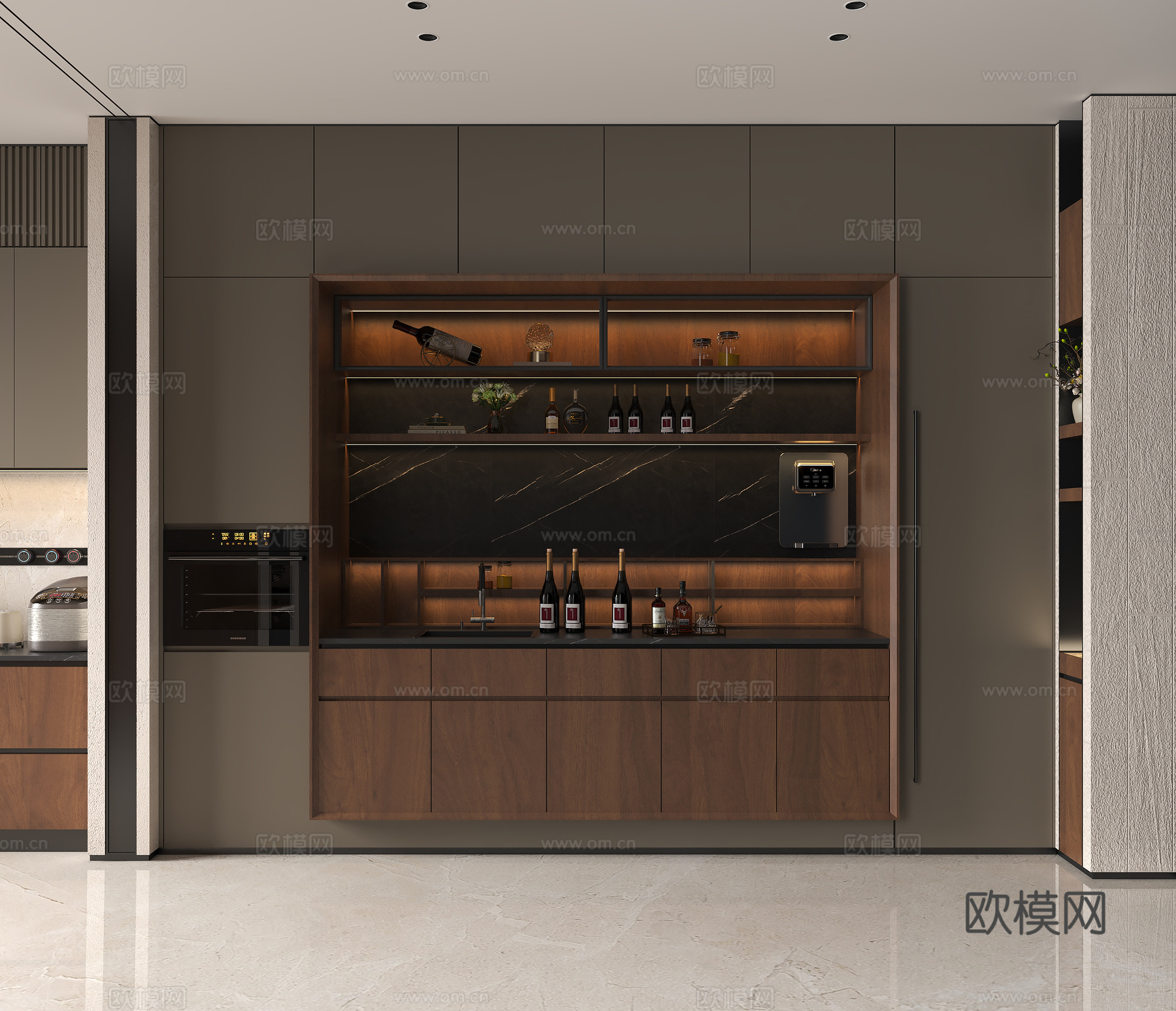 现代意式西厨酒柜 意式酒柜餐边柜 意式西厨餐厅 咖色柜门红木su模型