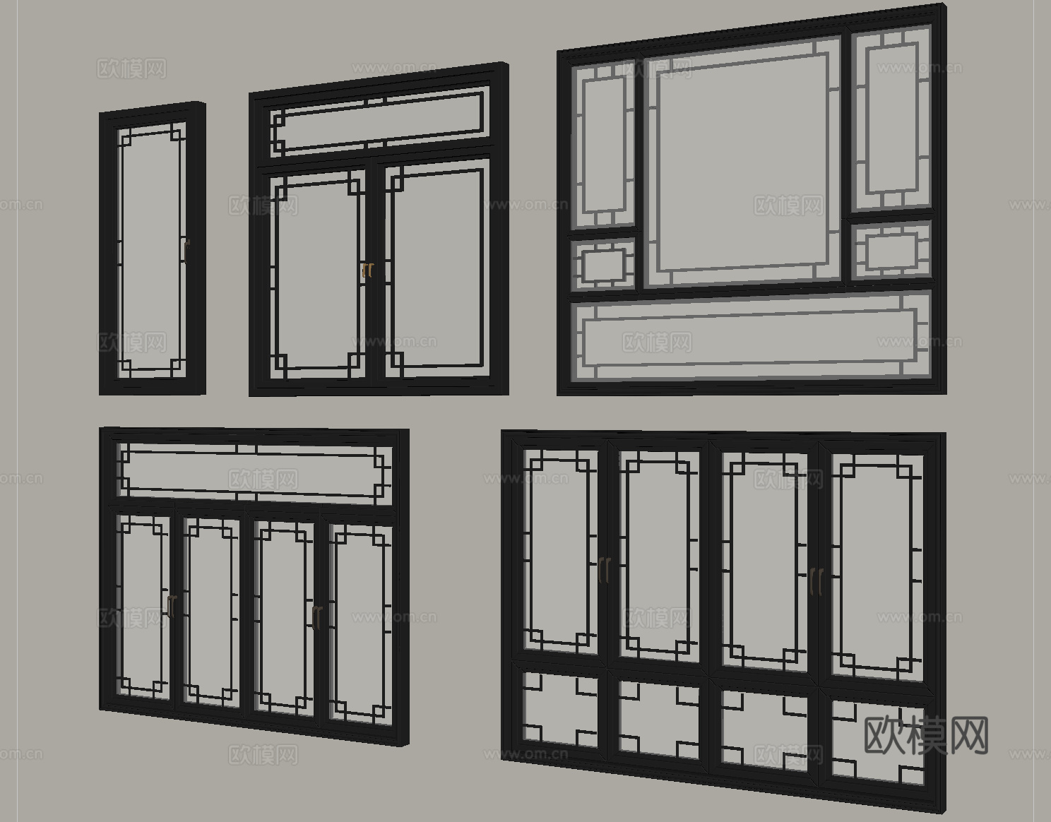 中式窗户 平开窗 落地窗 阳台窗su模型