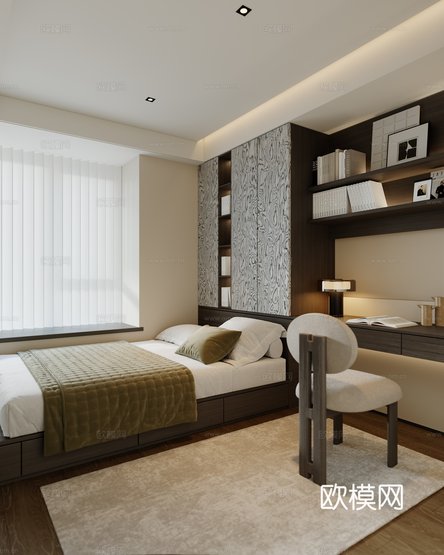 中古榻榻米卧室 休闲椅 单人床 台灯 书柜3d模型下载（渲染图1）