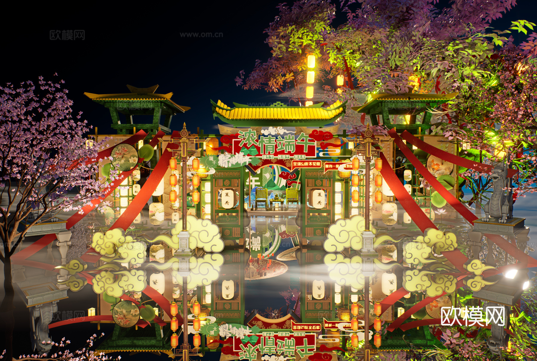 网红打卡国潮古风端午节日灯笼集市美陈su模型下载（渲染图1）