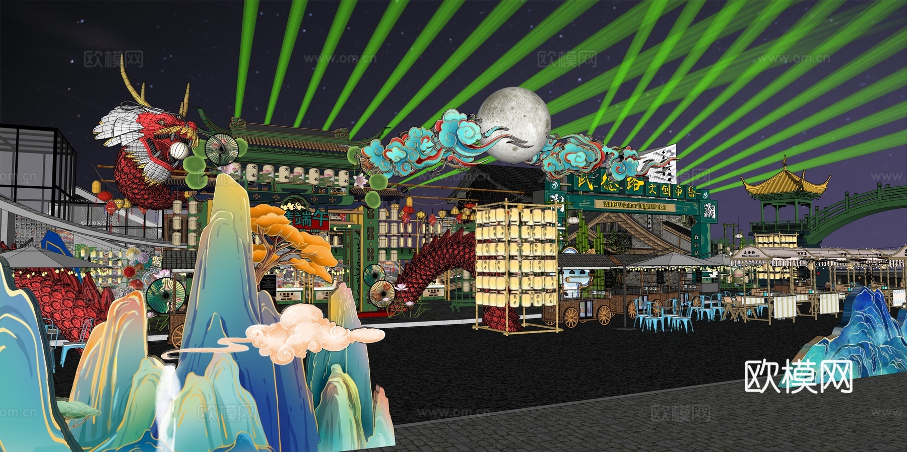 网红打卡国潮古风端午节日灯笼集市美陈su模型