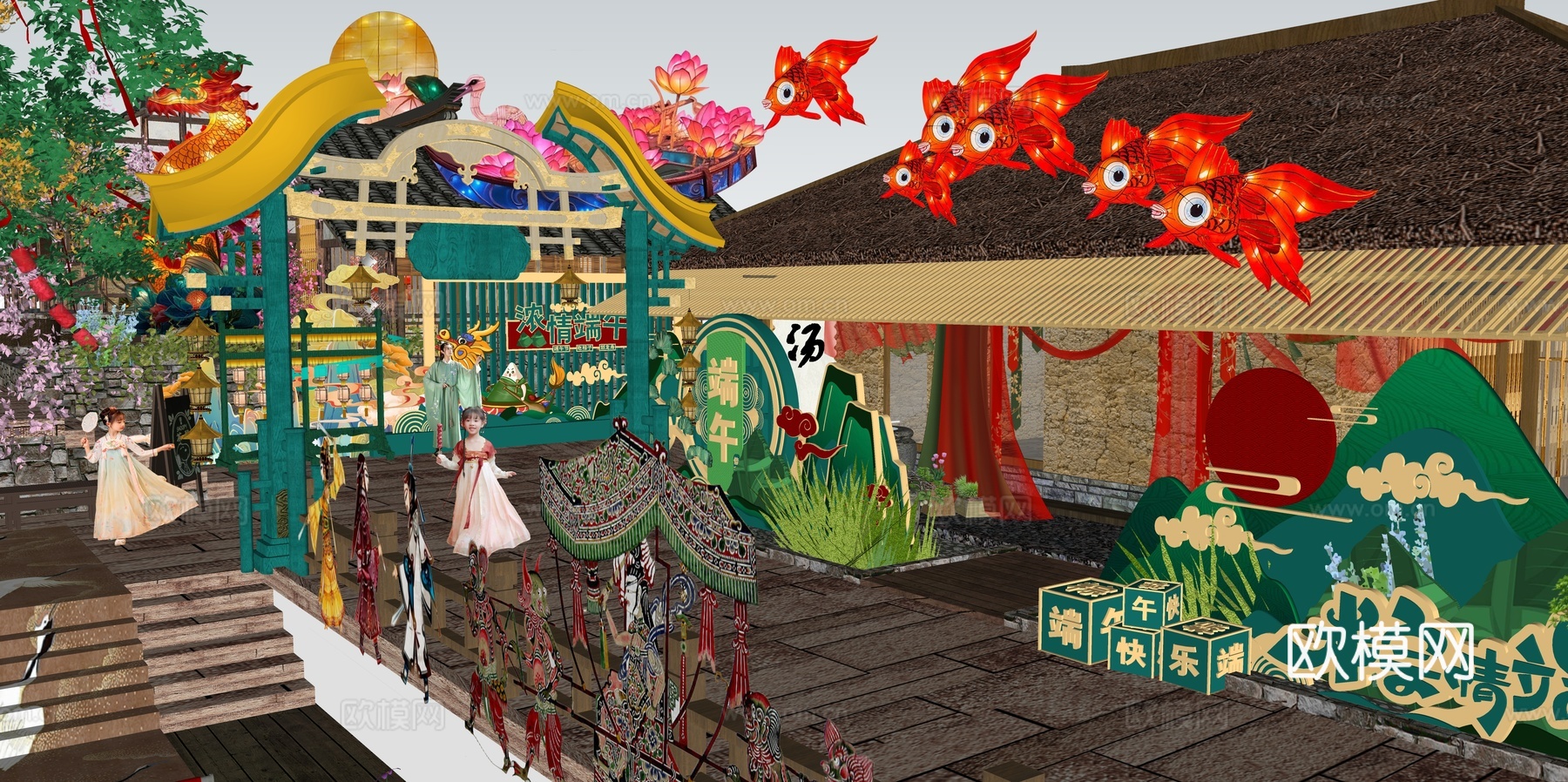 网红打卡国潮古风端午节日灯笼集市美陈su模型