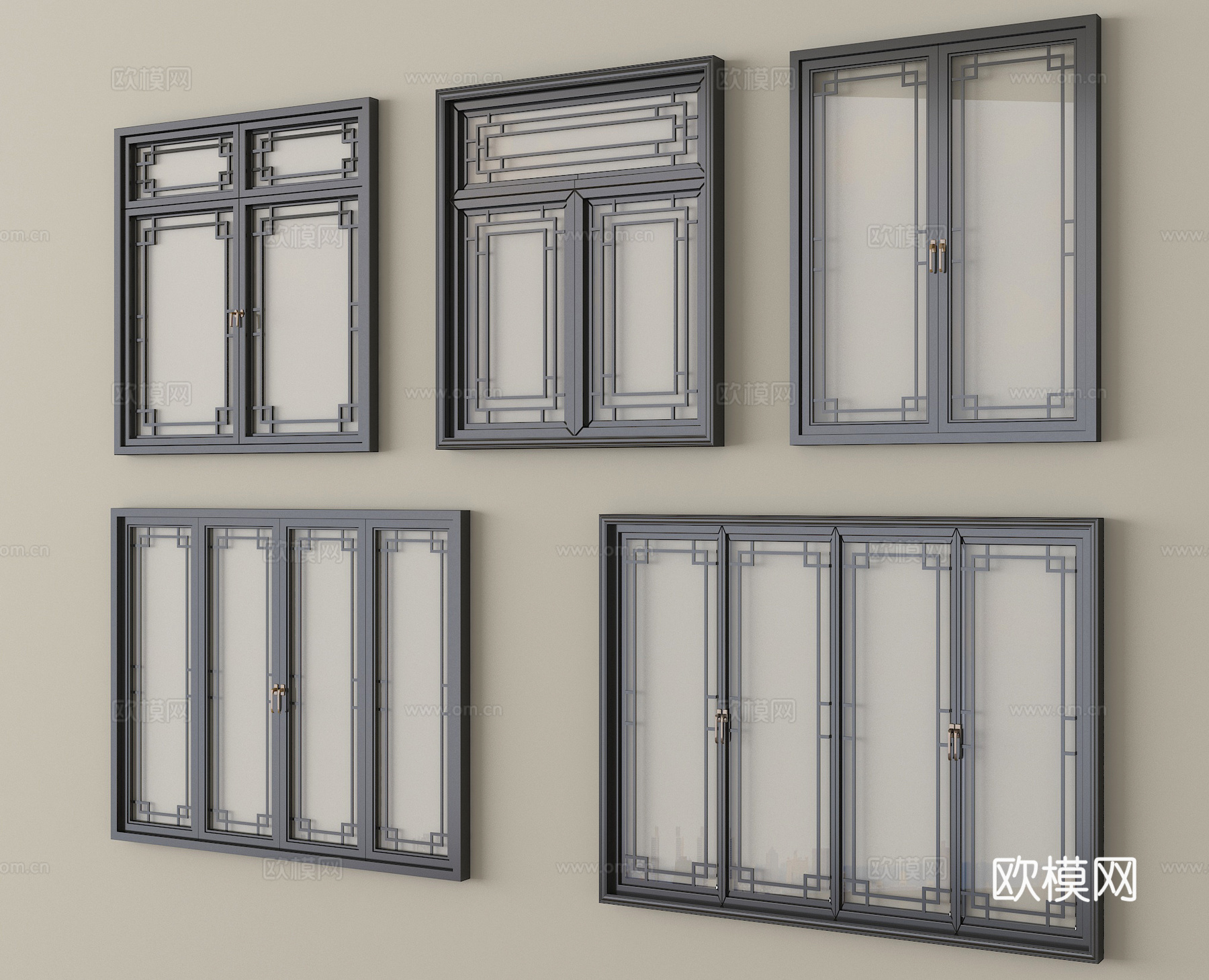 中式窗户 平开窗 落地窗 阳台窗3d模型下载