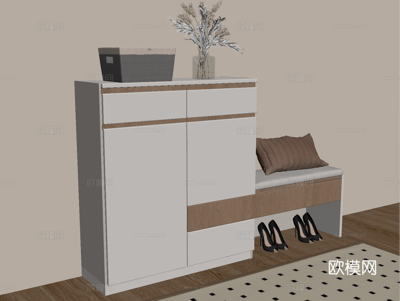 现代矮鞋柜 装饰柜 玄关柜 换鞋凳su模型