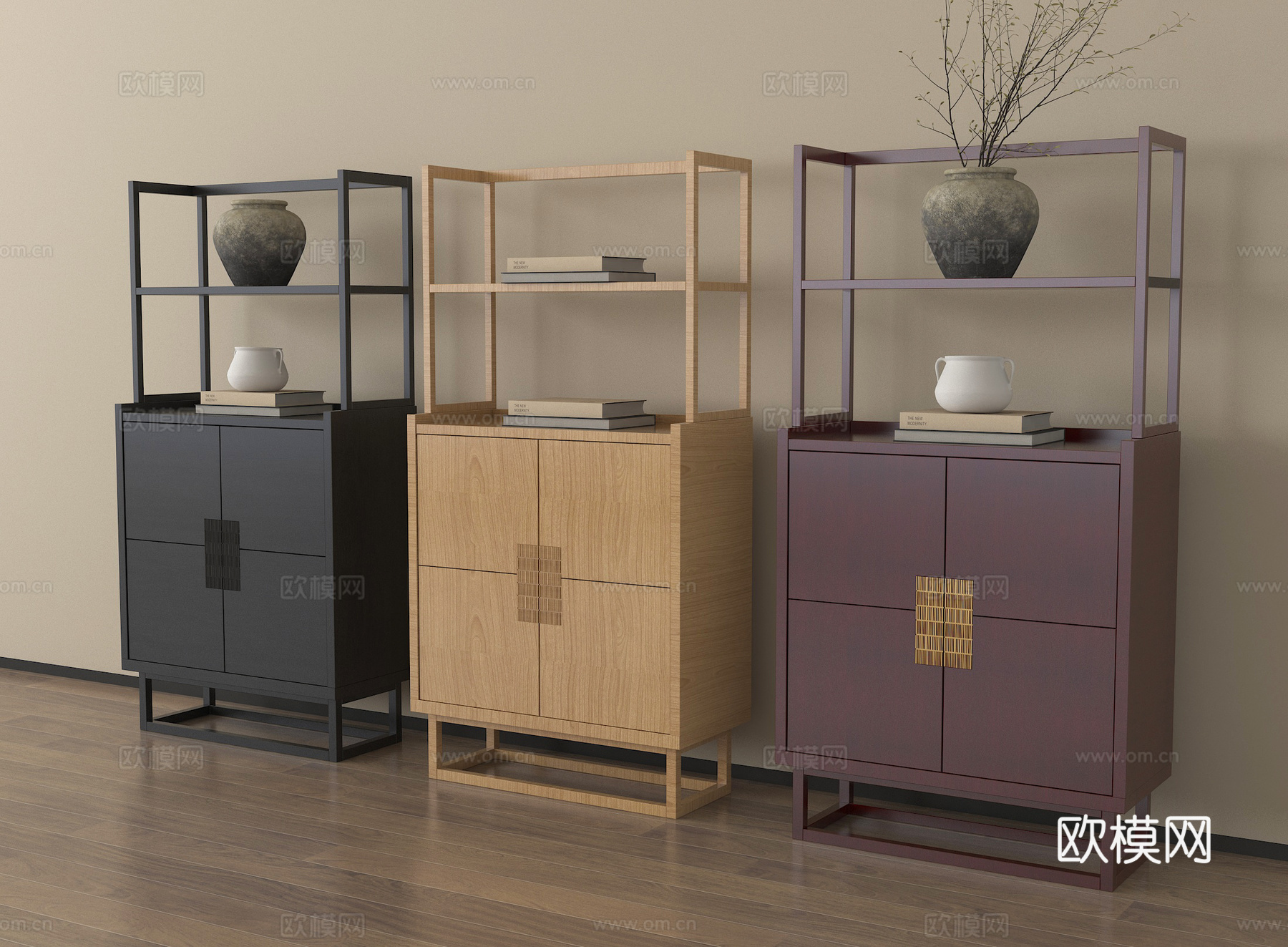新中式装饰柜 装饰架 边柜 摆件su模型