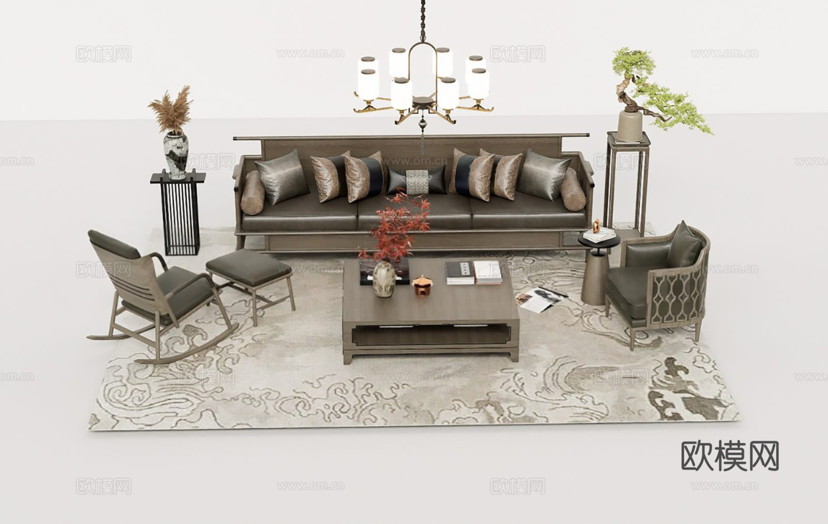 新中式客厅沙发茶几组合 ​​深色系木质家具 几何图案地毯 多su模型