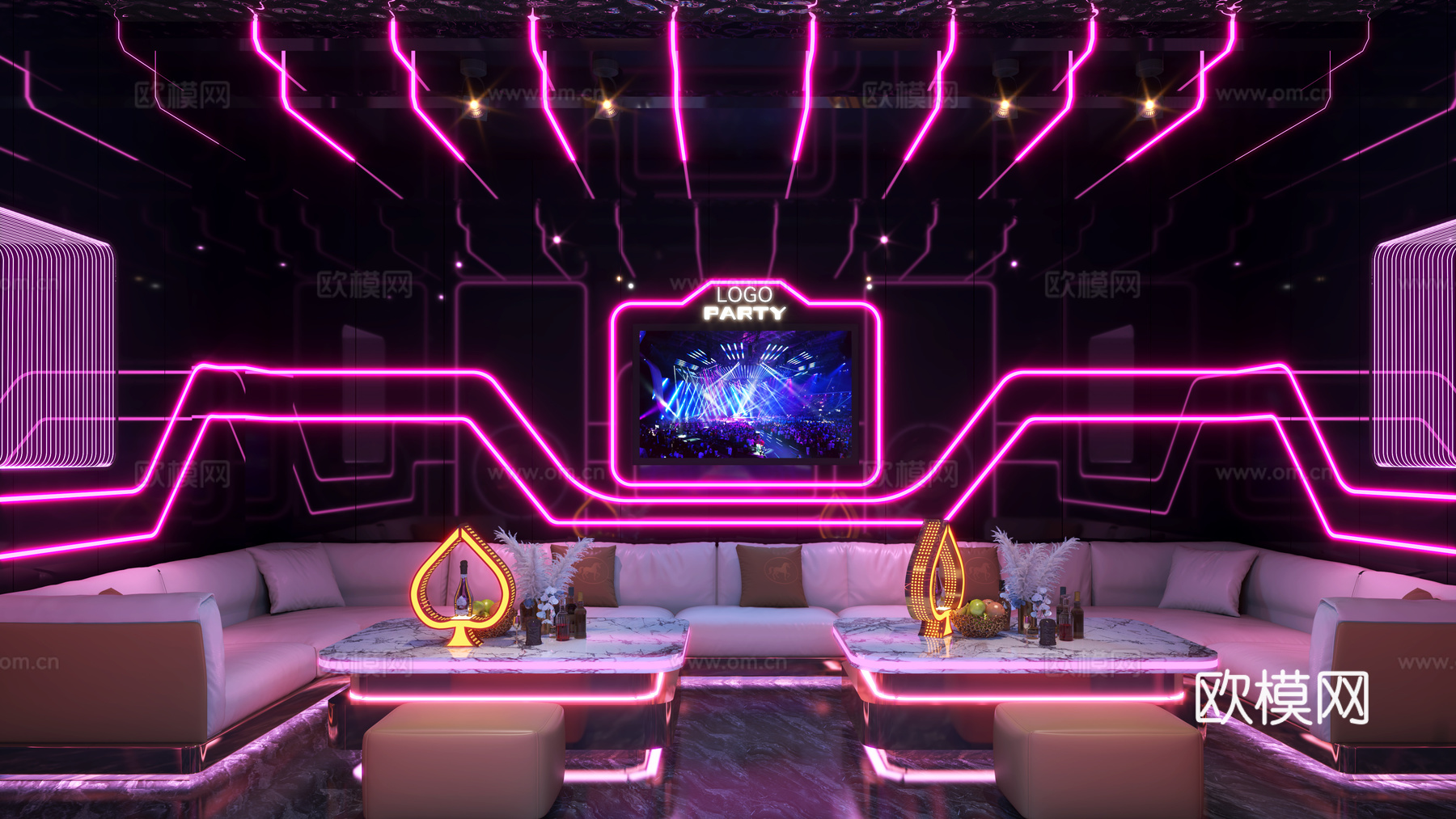 KTV  沙发组合 透明发光茶几 镂空铁艺造型 金属板su模型