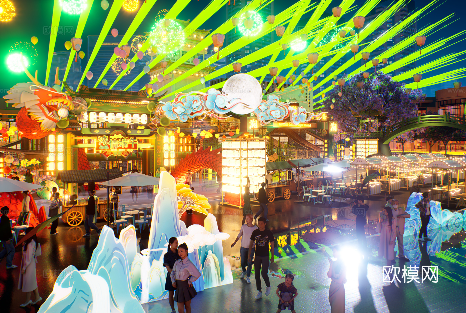 网红打卡国潮古风端午节日灯笼集市美陈su模型