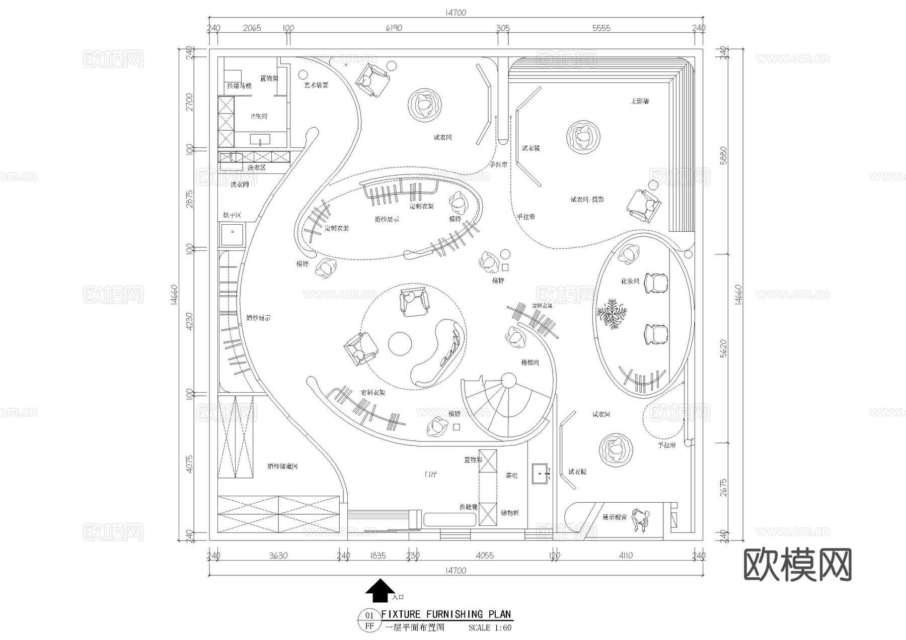 三层婚纱馆平面布置图cad施工图