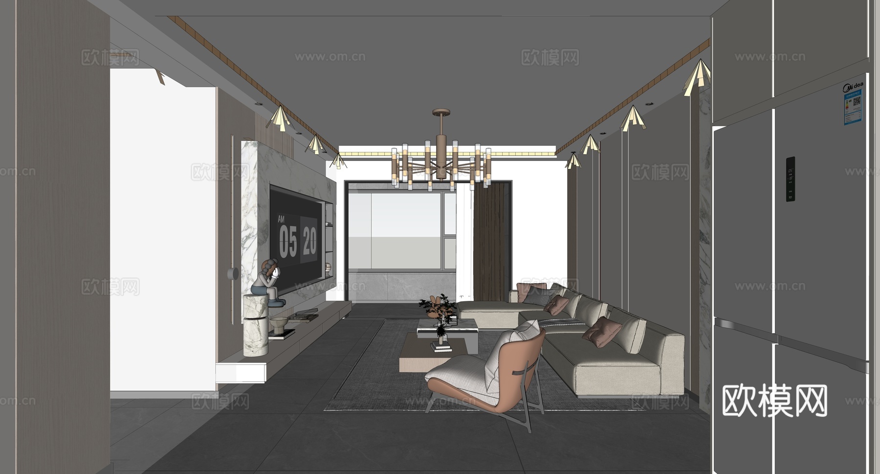 现代轻奢客餐厅_轻奢客厅_现代客厅_客厅_电视背景墙_沙发套su模型