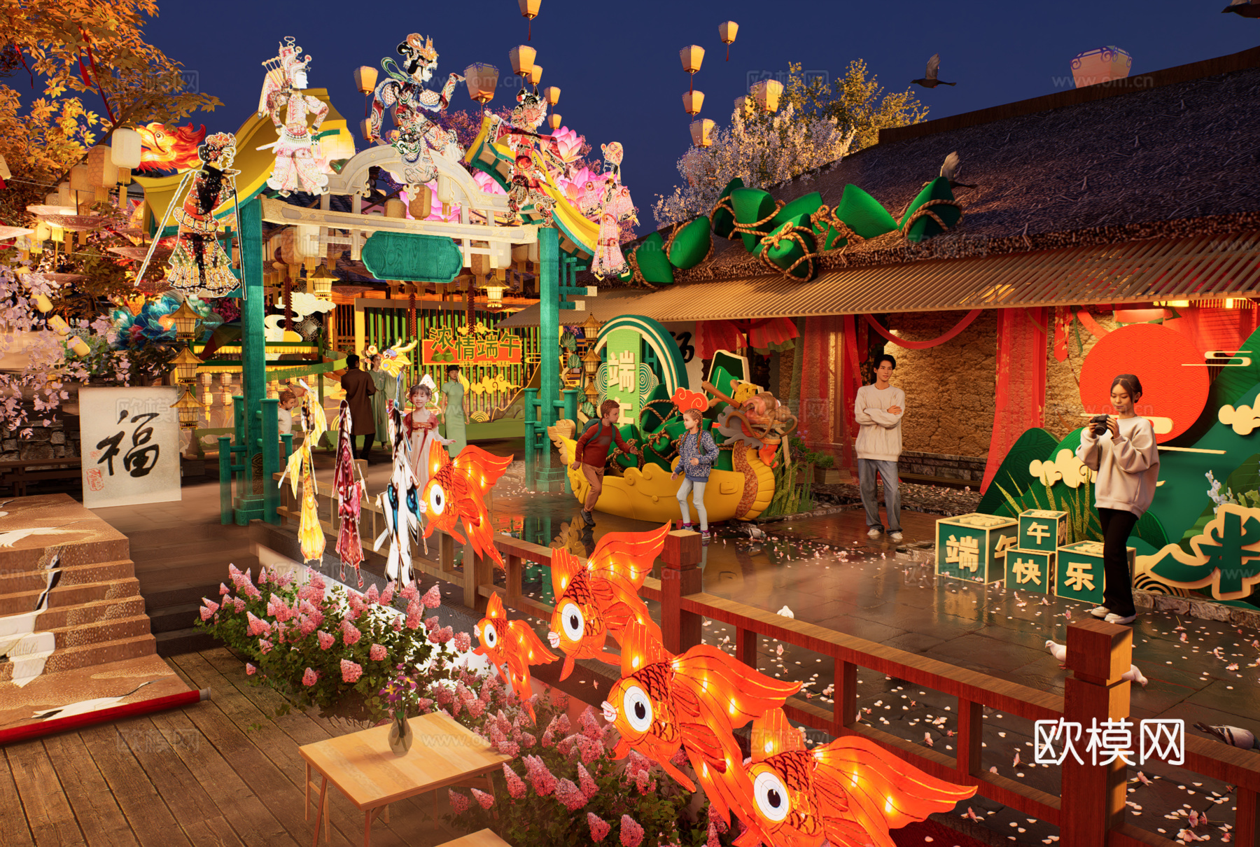 网红打卡国潮古风端午节日灯笼集市美陈su模型下载（渲染图1）