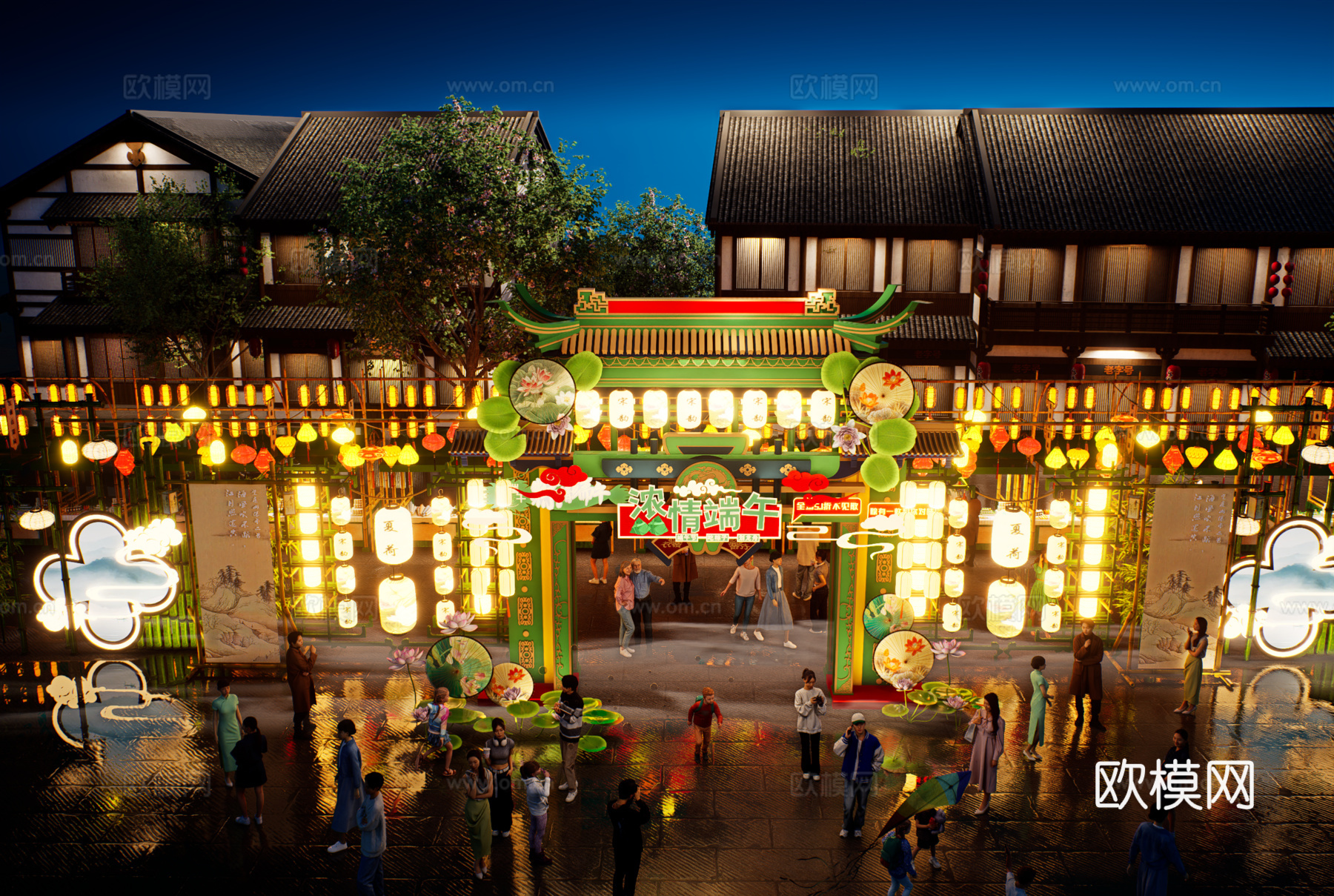 网红打卡国潮古风端午节日灯笼集市美陈su模型