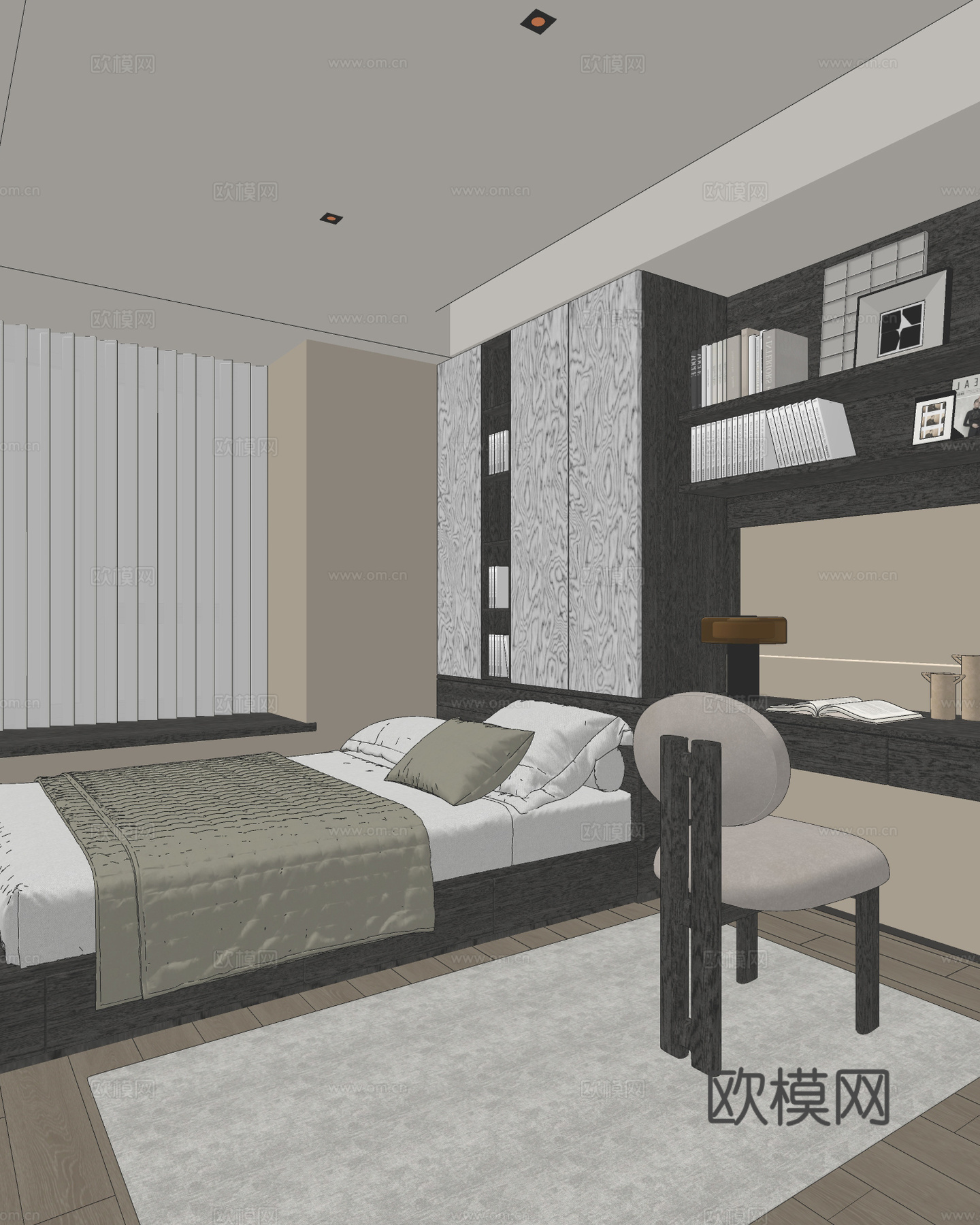 中古榻榻米卧室 休闲椅 单人床 台灯 书柜su模型下载（渲染图2）