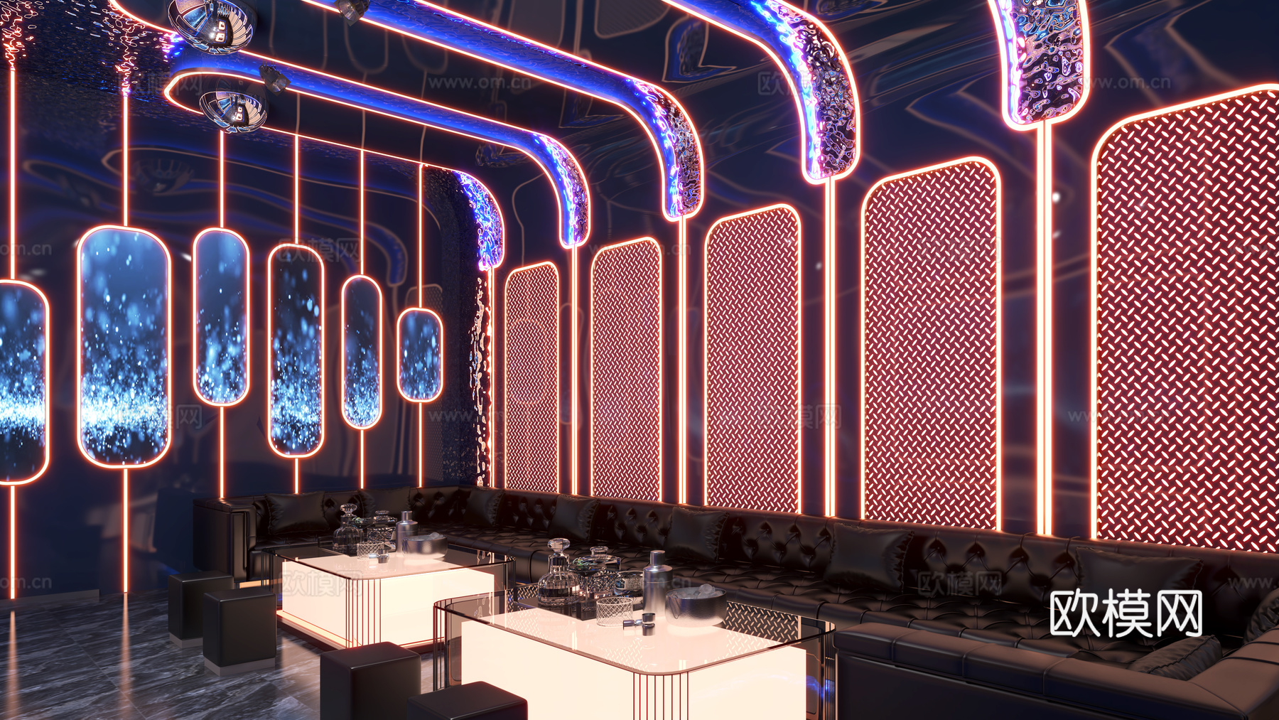 KTV  沙发组合 透明发光茶几 镂空铁艺造型 金属板su模型