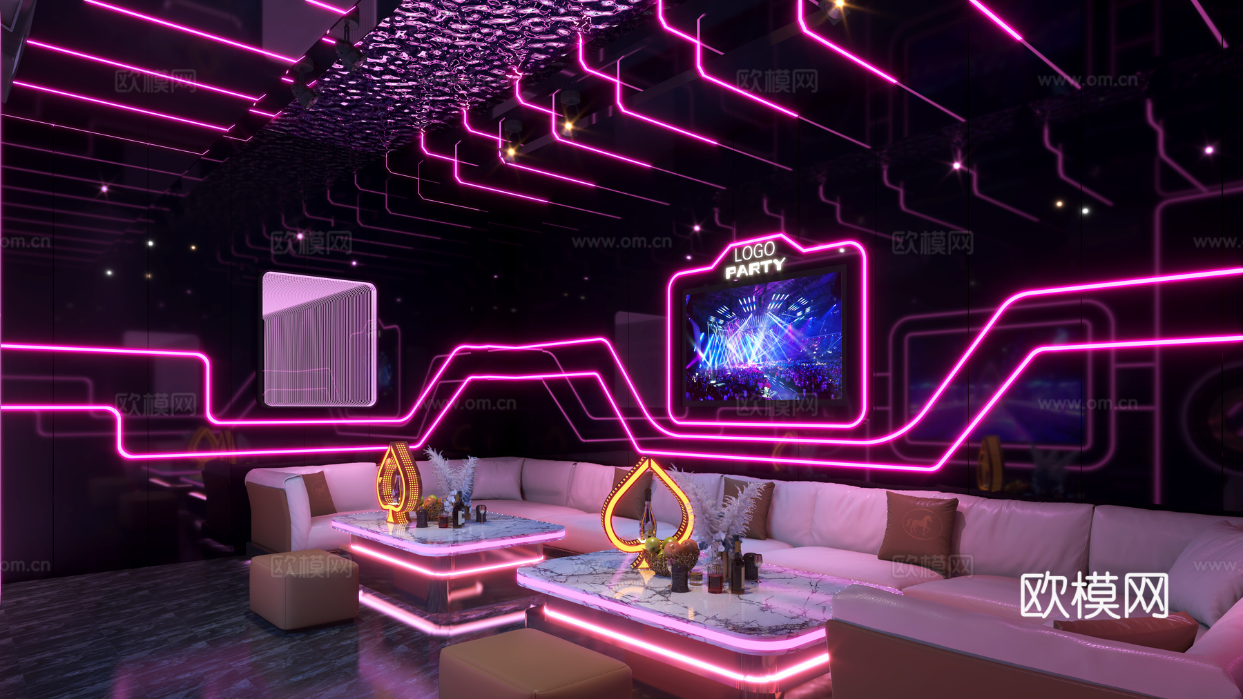 KTV  沙发组合 透明发光茶几 镂空铁艺造型 金属板su模型