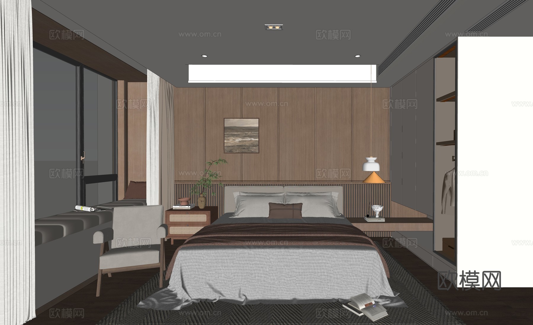 新中式中古家居卧室_新中式卧室_中古卧室_主卧_老人房_床_su模型