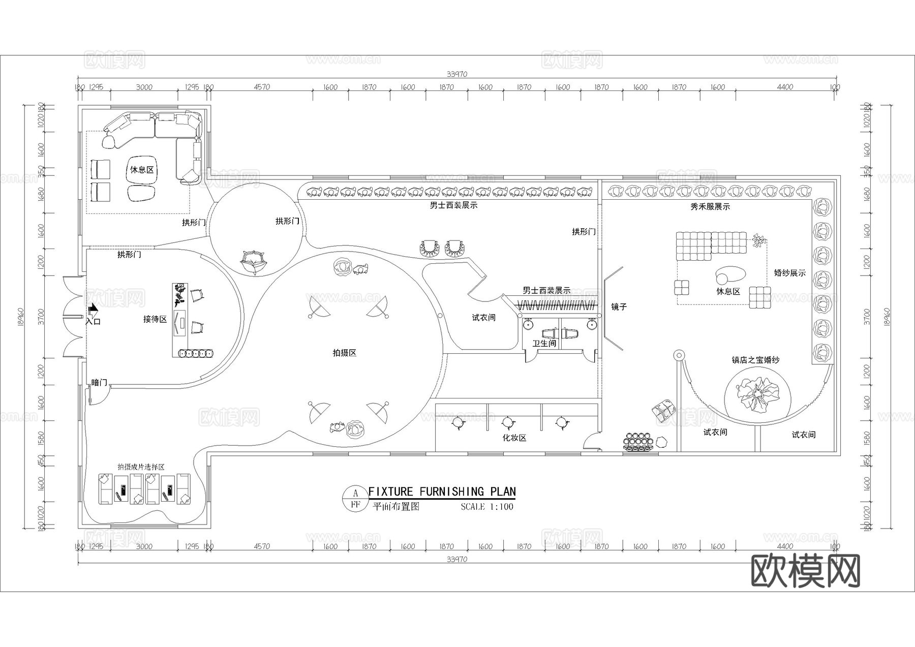 婚纱西装店平面布置图cad施工图