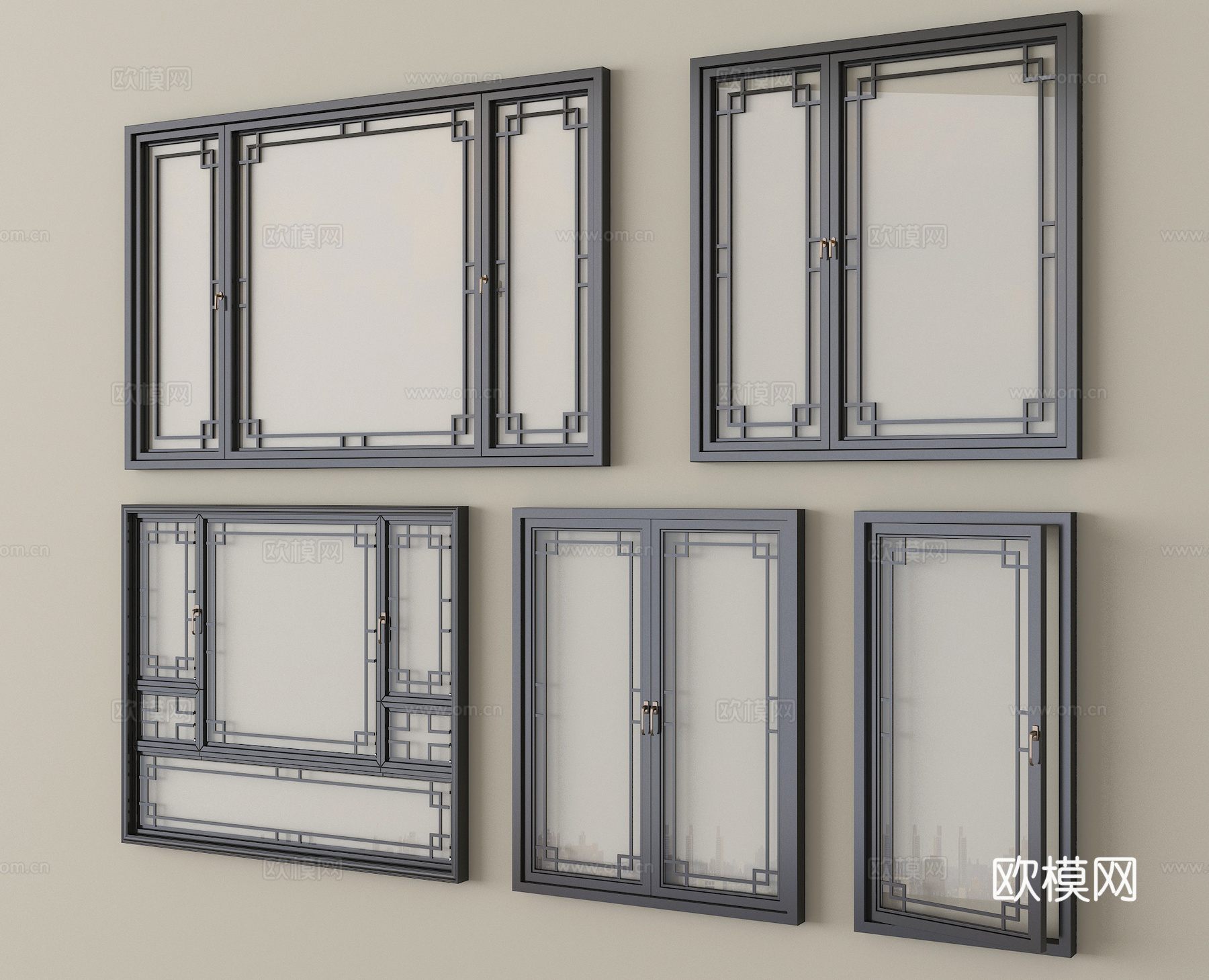 中式窗户 平开窗 落地窗 阳台窗su模型