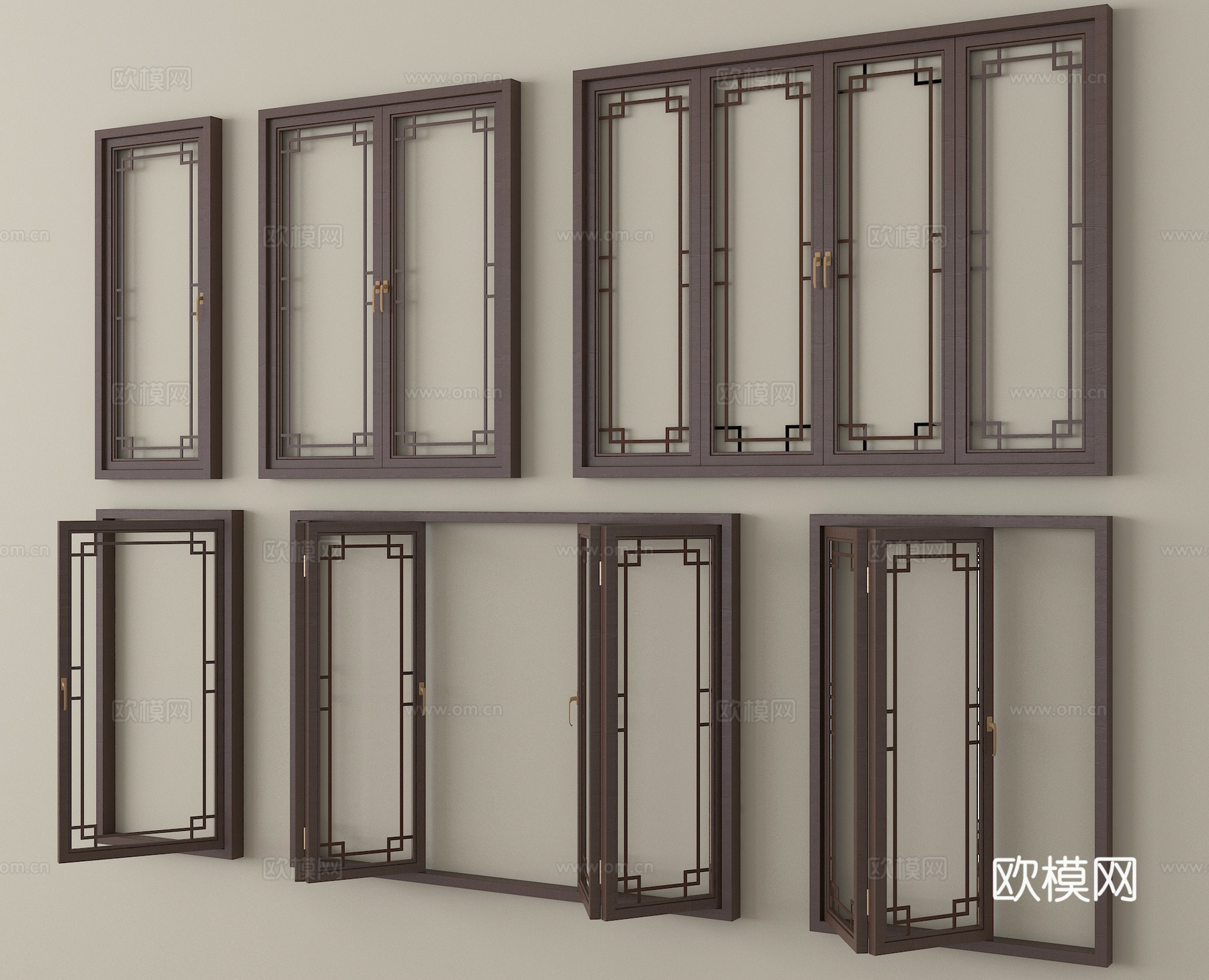 新中式窗户组合 落地窗 阳台窗 折叠窗su模型