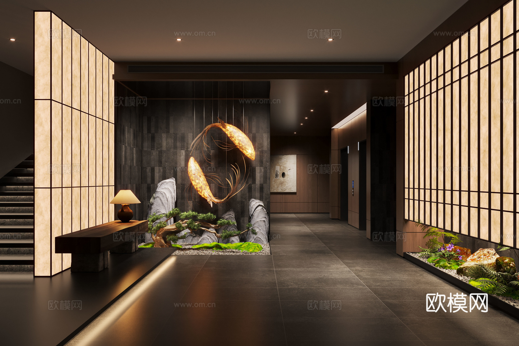 新中式过道 会所过道 茶楼过道 过道景观 走廊景观 植物造景su模型