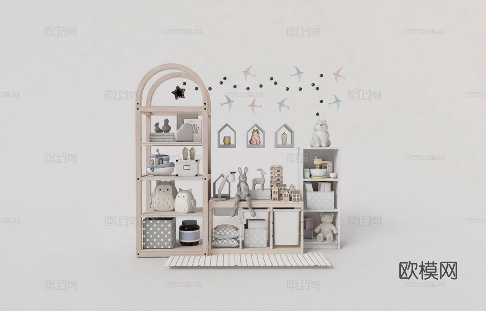 儿童房收纳架 早教玩具 动物造型玩偶 亲子阅读角 幼儿园区角su模型