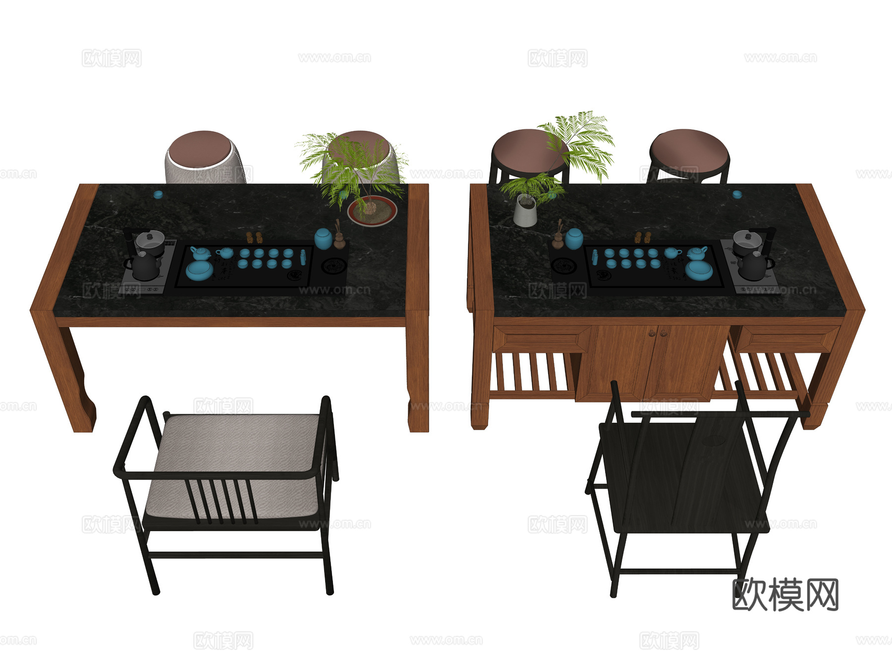 新中式茶桌椅组合 实木泡茶台 电热烧水壶 茶具用品 品茶区su模型