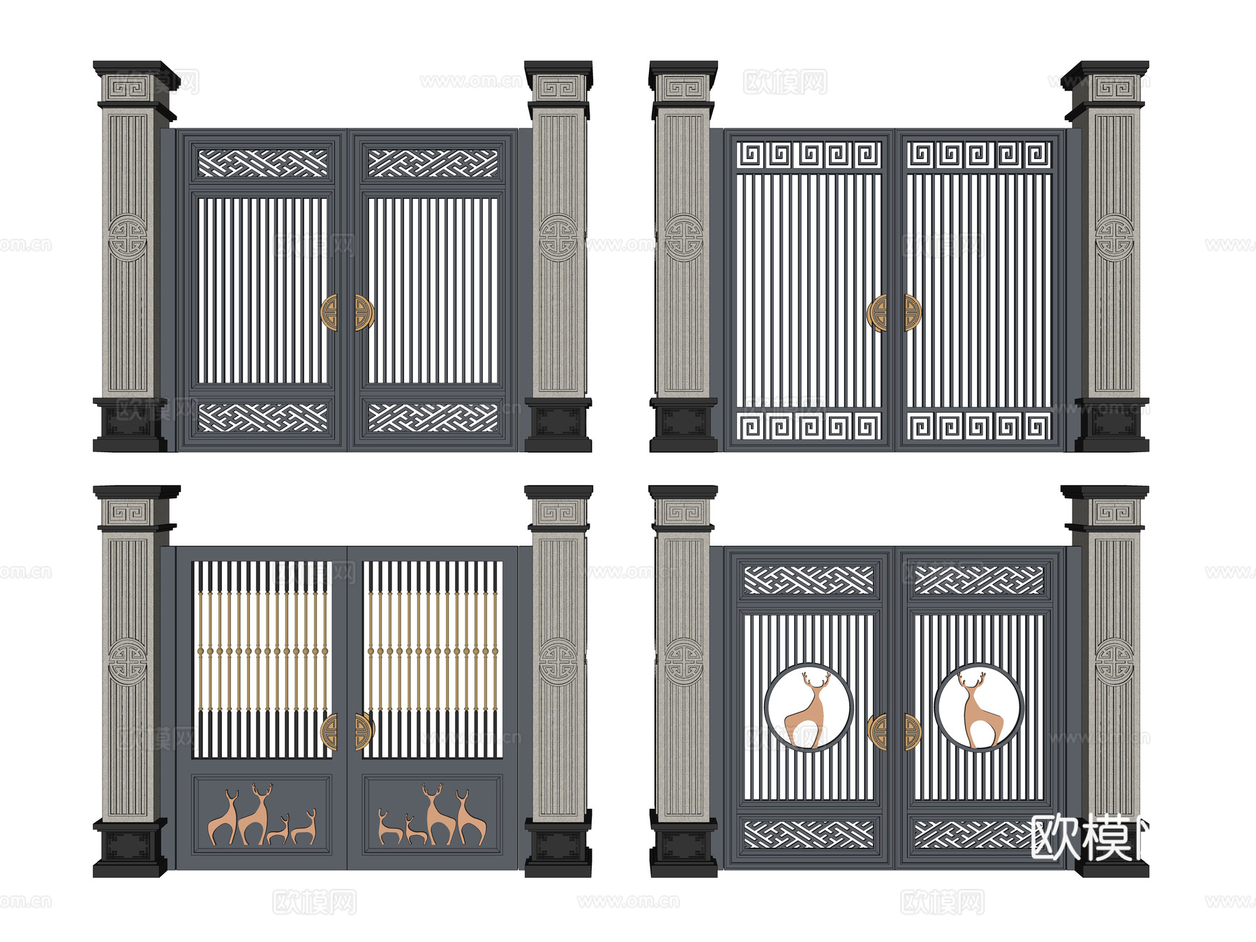 新中式别墅庭院门 新中式庭院大门 中式铝合金门 户外庭院门su模型
