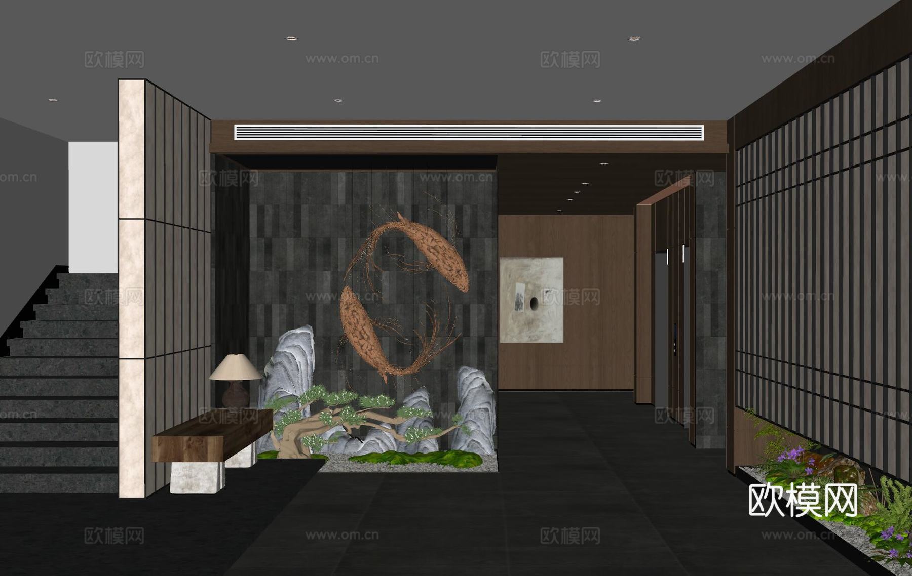 新中式过道 会所过道 茶楼过道 过道景观 走廊景观 植物造景su模型