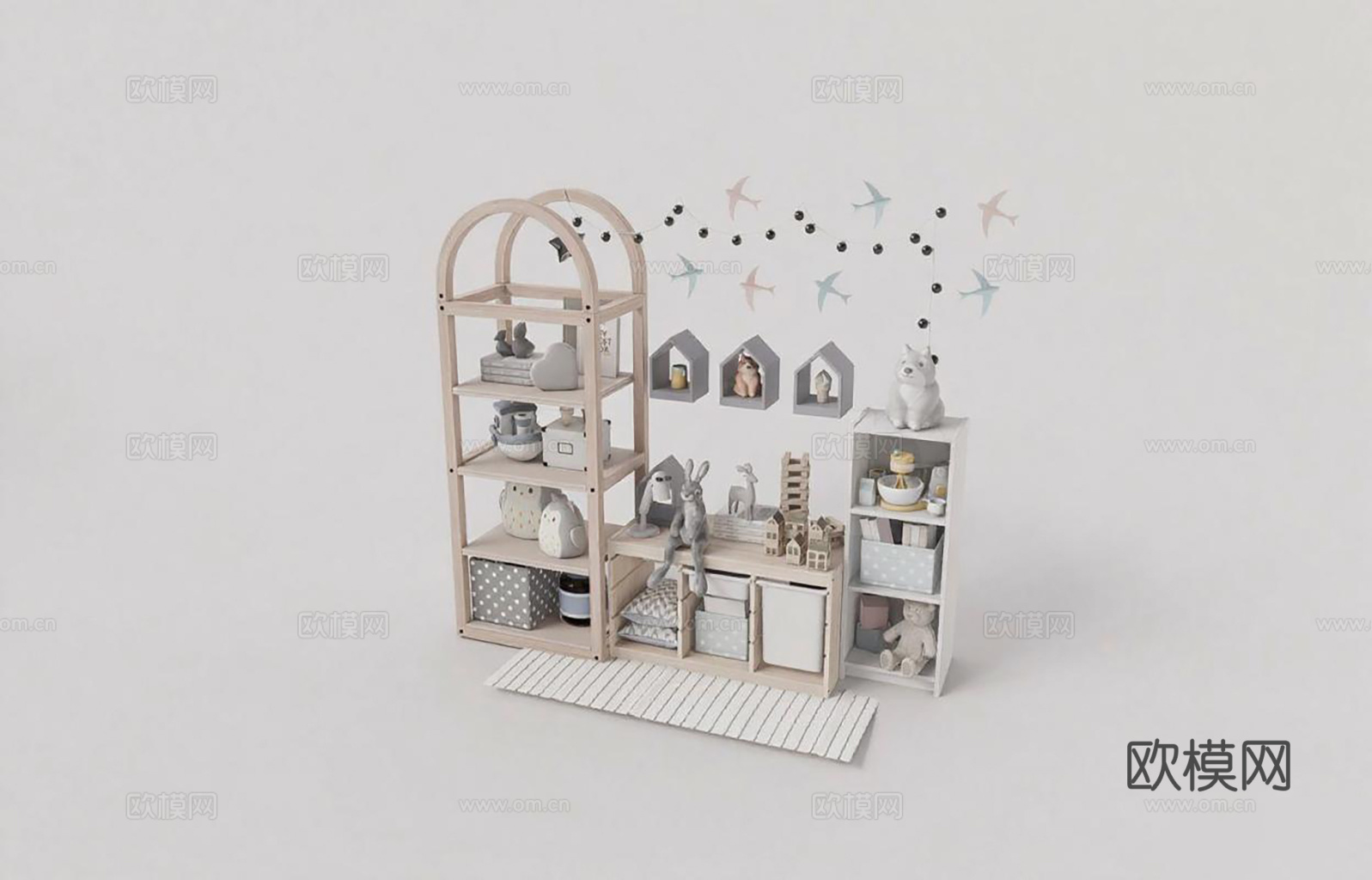 儿童房收纳架 早教玩具 动物造型玩偶 亲子阅读角 幼儿园区角su模型