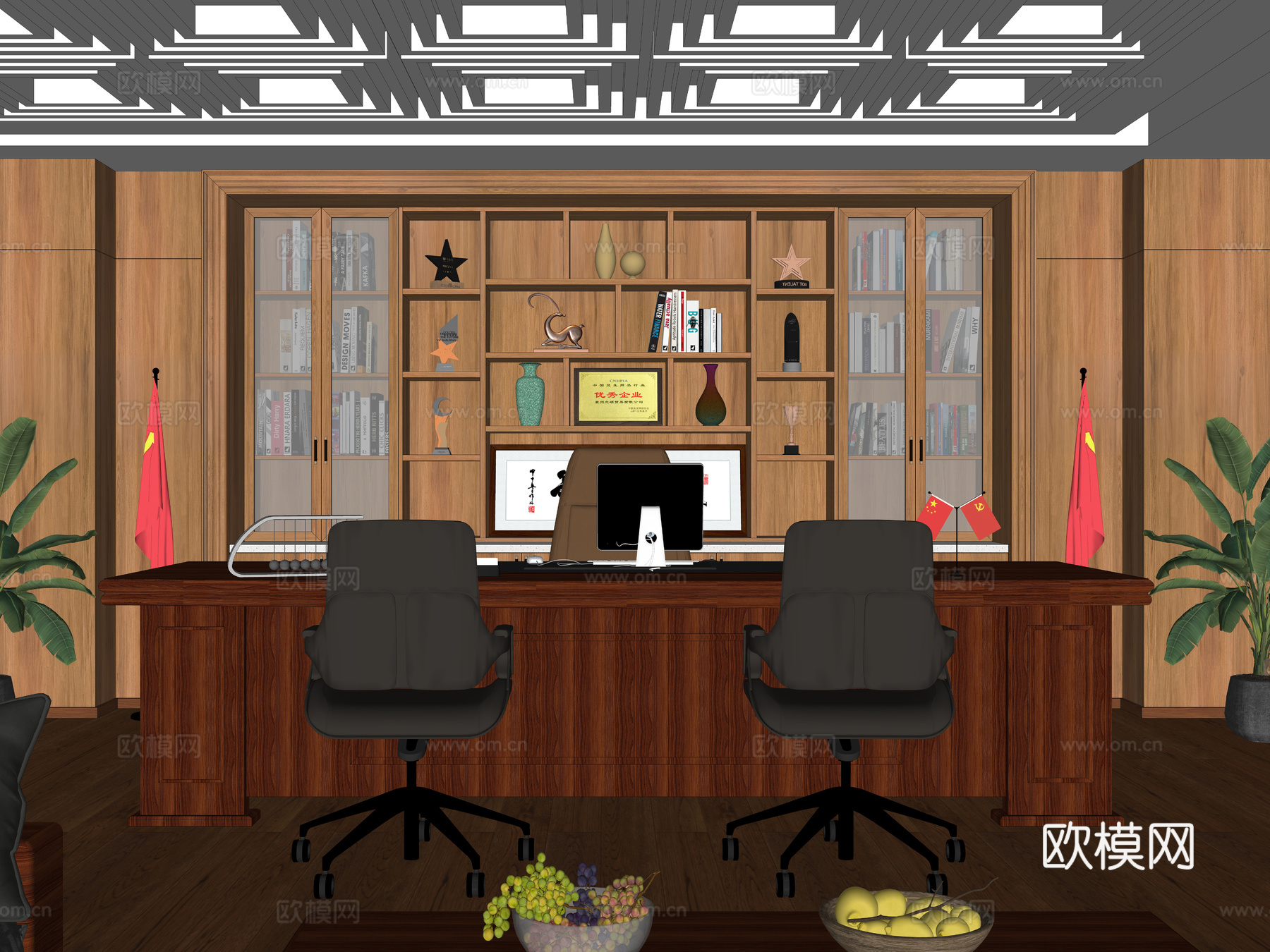 新中式董事长办公室 总经理办公室 领导办公桌  董事长老板桌su模型