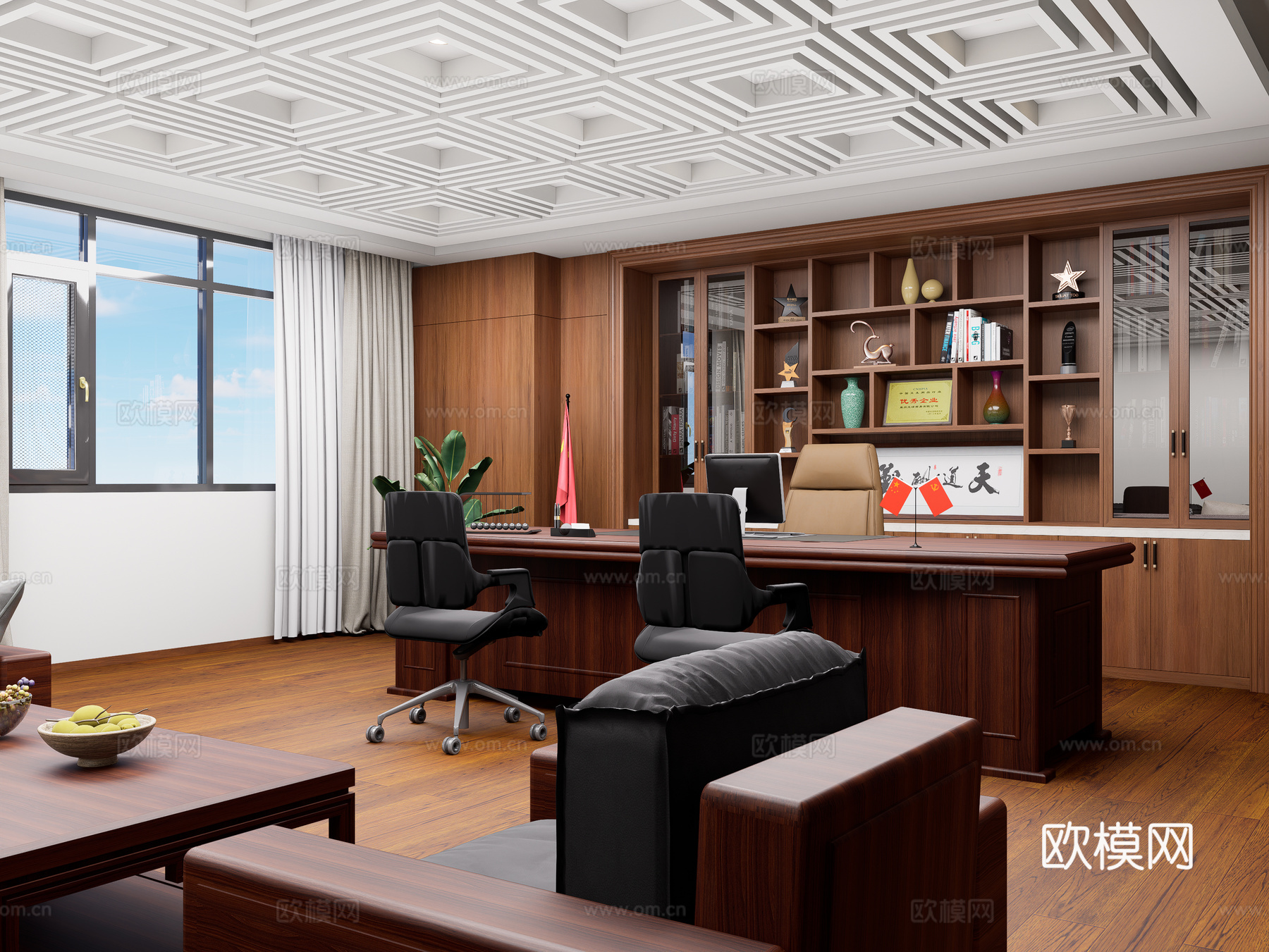 新中式董事长办公室 总经理办公室 领导办公桌  董事长老板桌su模型