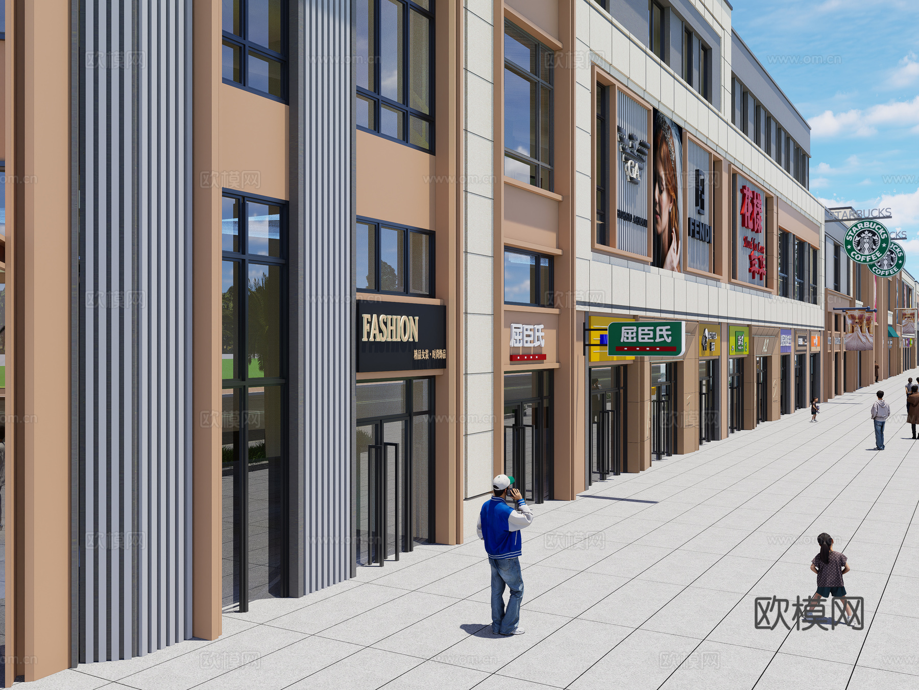 现代风格商业街 商业步行街广场 店铺门头 广告牌 店招su模型
