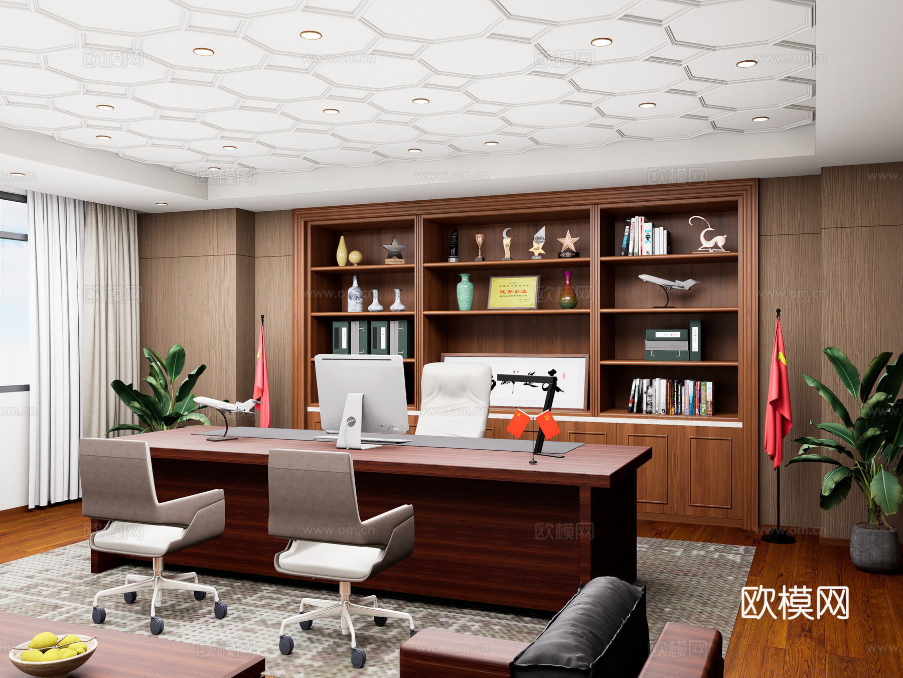 新中式董事长办公室 总经理办公室 领导办公桌  董事长老板桌su模型