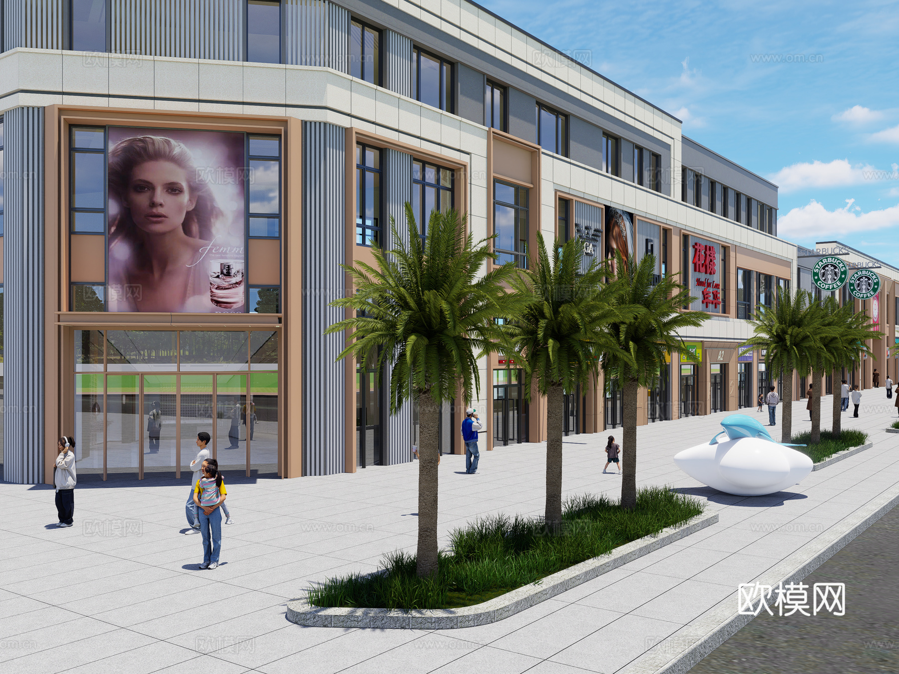 现代风格商业街 商业步行街广场 店铺门头 广告牌 店招su模型