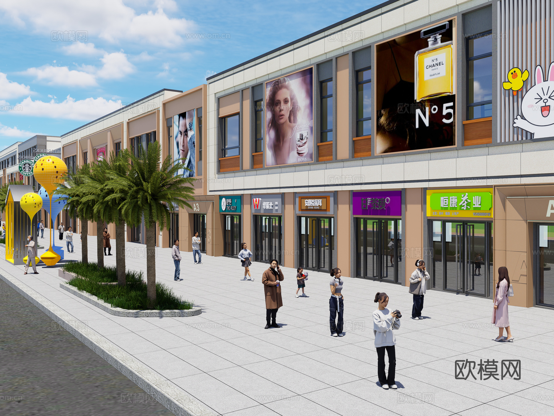 现代风格商业街 商业步行街广场 店铺门头 广告牌 店招su模型