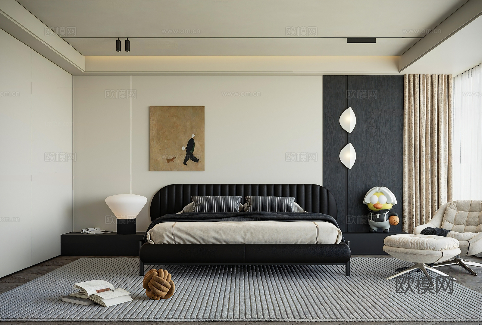 现代黑白灰卧室 极简卧室背景墙 黑色皮革床头柜 极简壁灯台灯su模型
