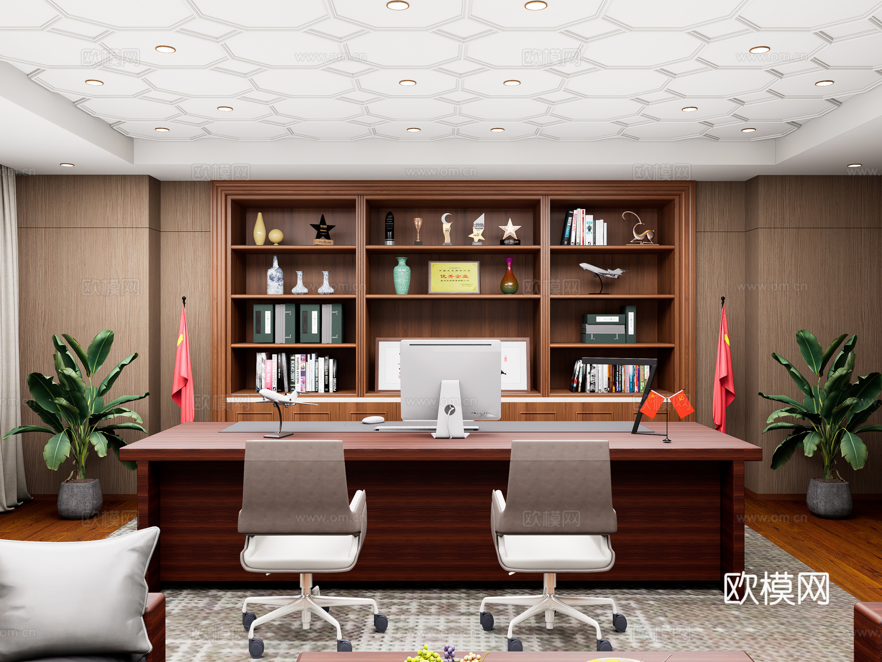 新中式董事长办公室 总经理办公室 领导办公桌  董事长老板桌su模型