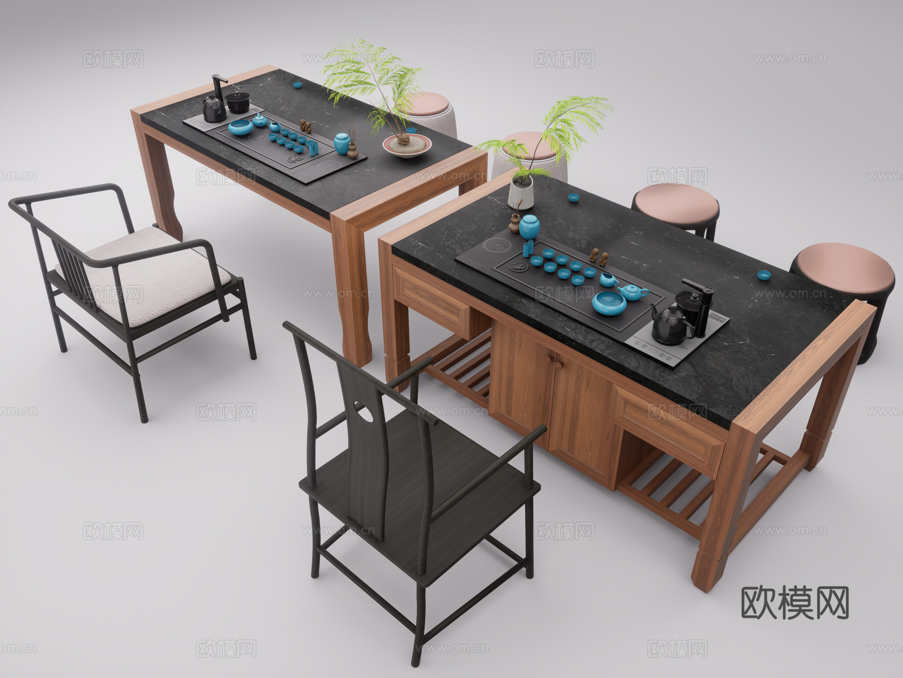 新中式茶桌椅组合 实木泡茶台 电热烧水壶 茶具用品 品茶区su模型